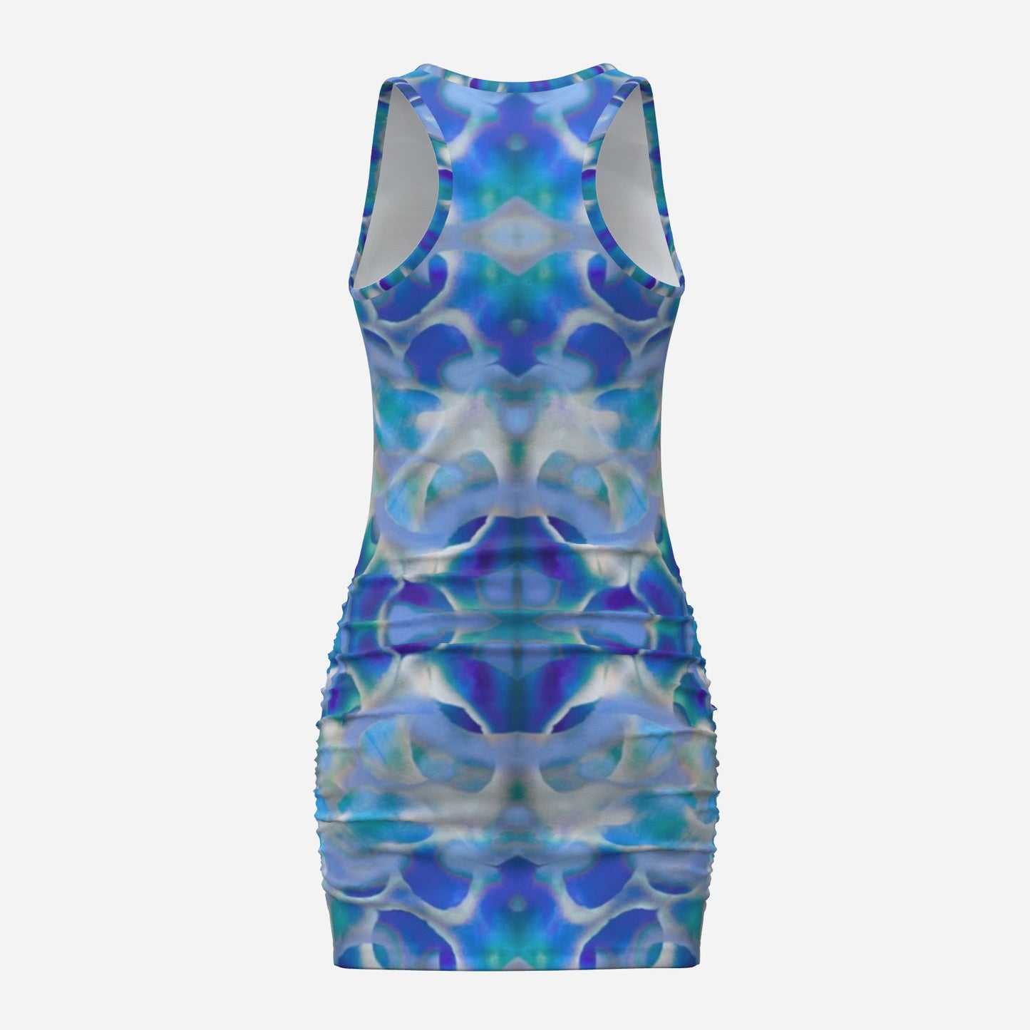 botanical kaleidoscopic geometric Blue white and turquoise Melammu ruched mini sleeveless dress