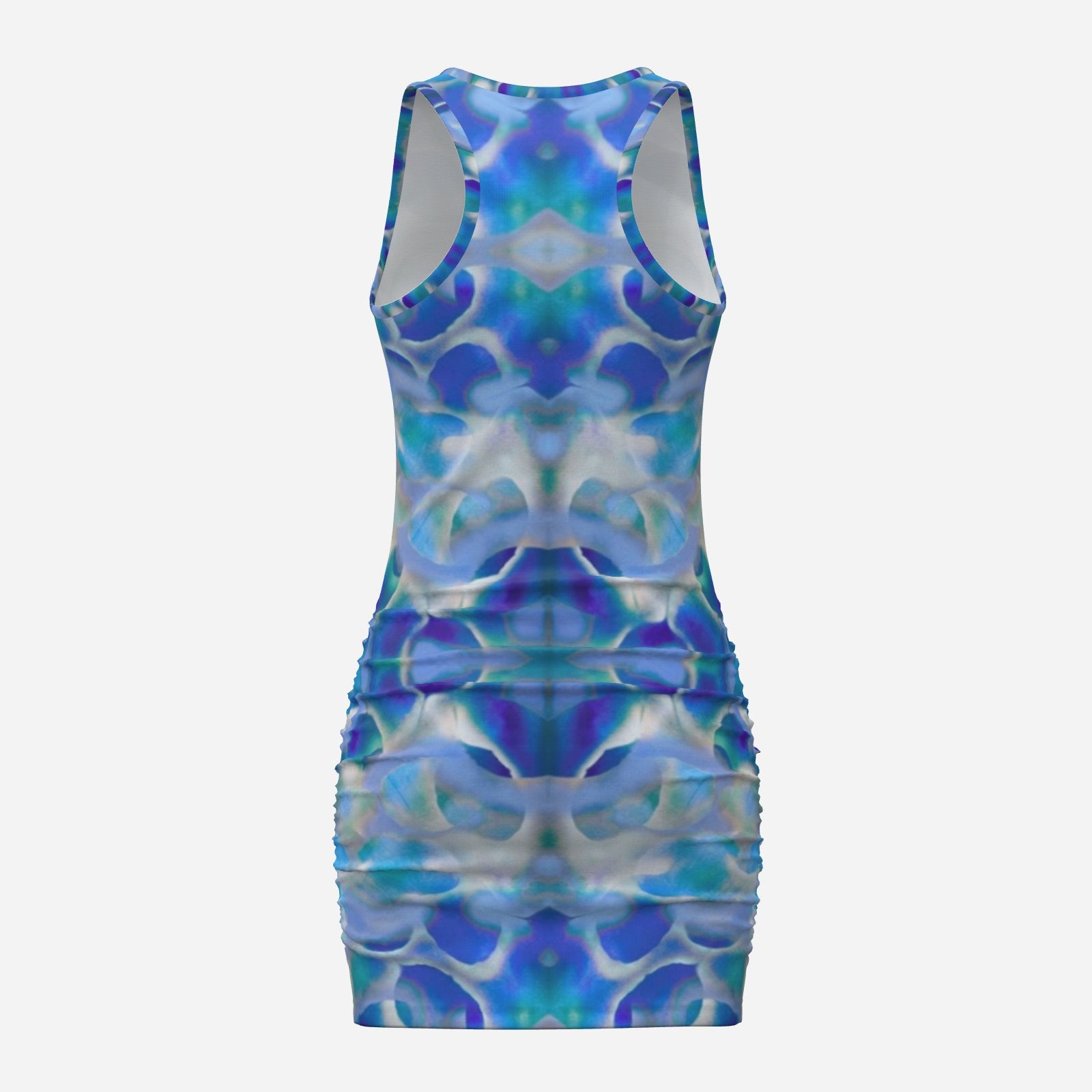 botanical kaleidoscopic geometric Blue white and turquoise Melammu ruched mini sleeveless dress