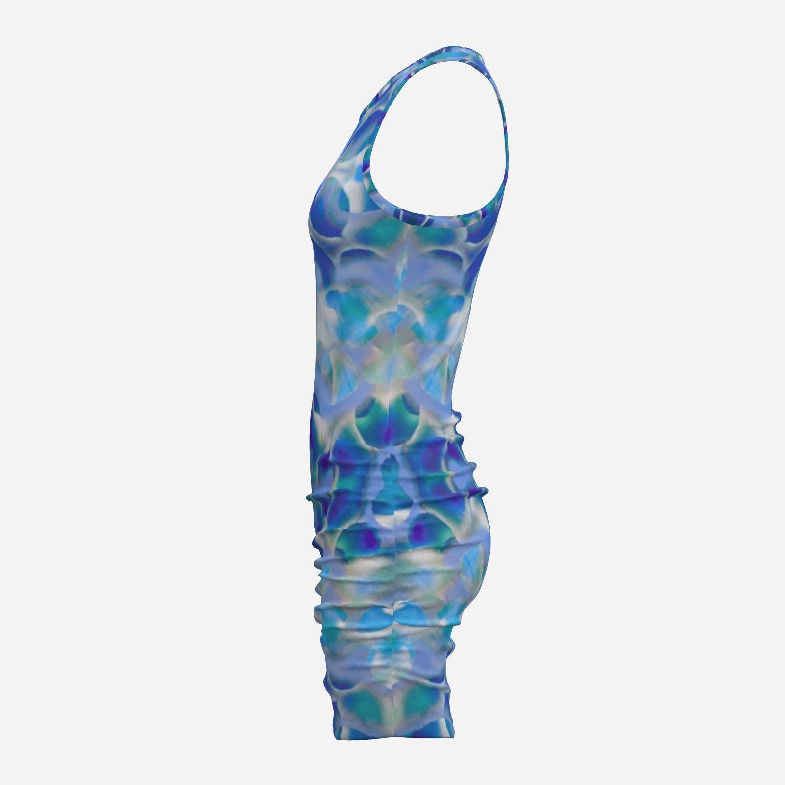 botanical kaleidoscopic geometric Blue white and turquoise Melammu ruched mini sleeveless dress