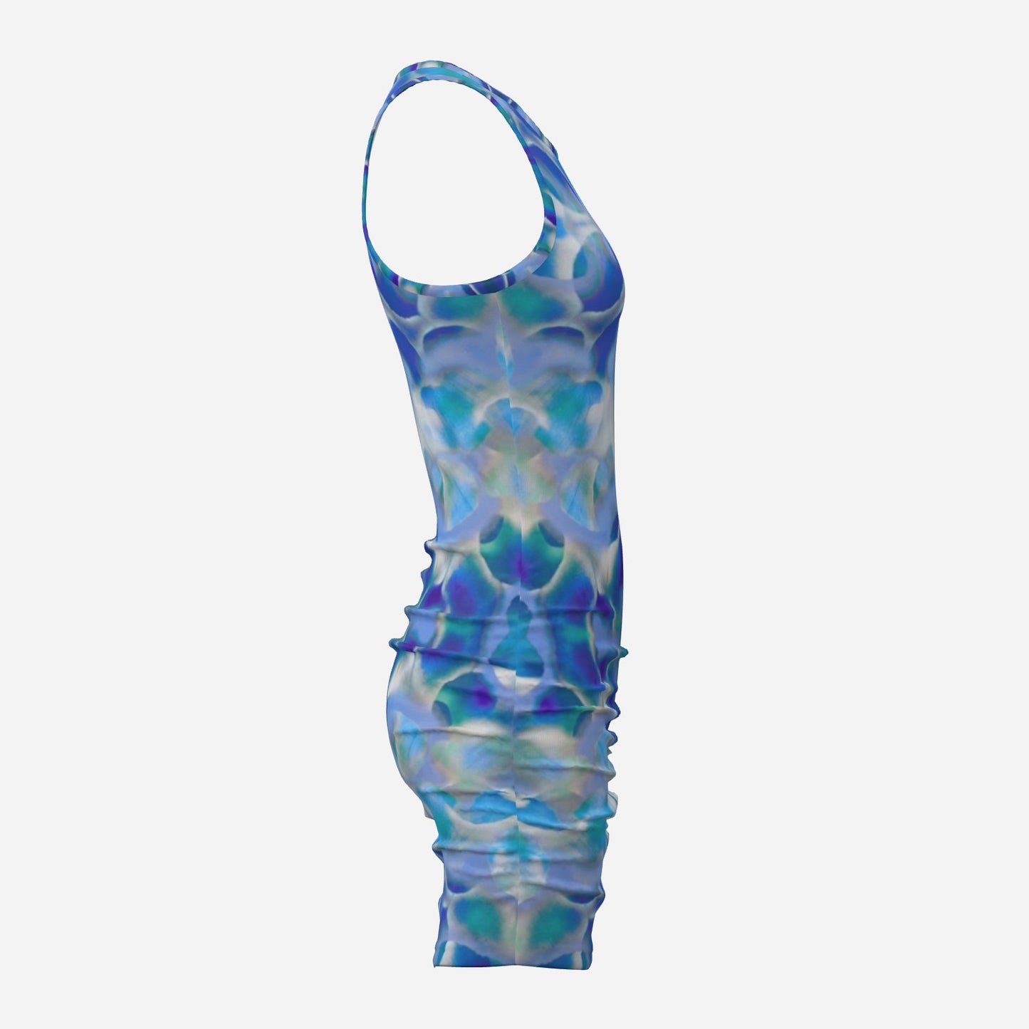 botanical kaleidoscopic geometric Blue white and turquoise Melammu ruched mini sleeveless dress