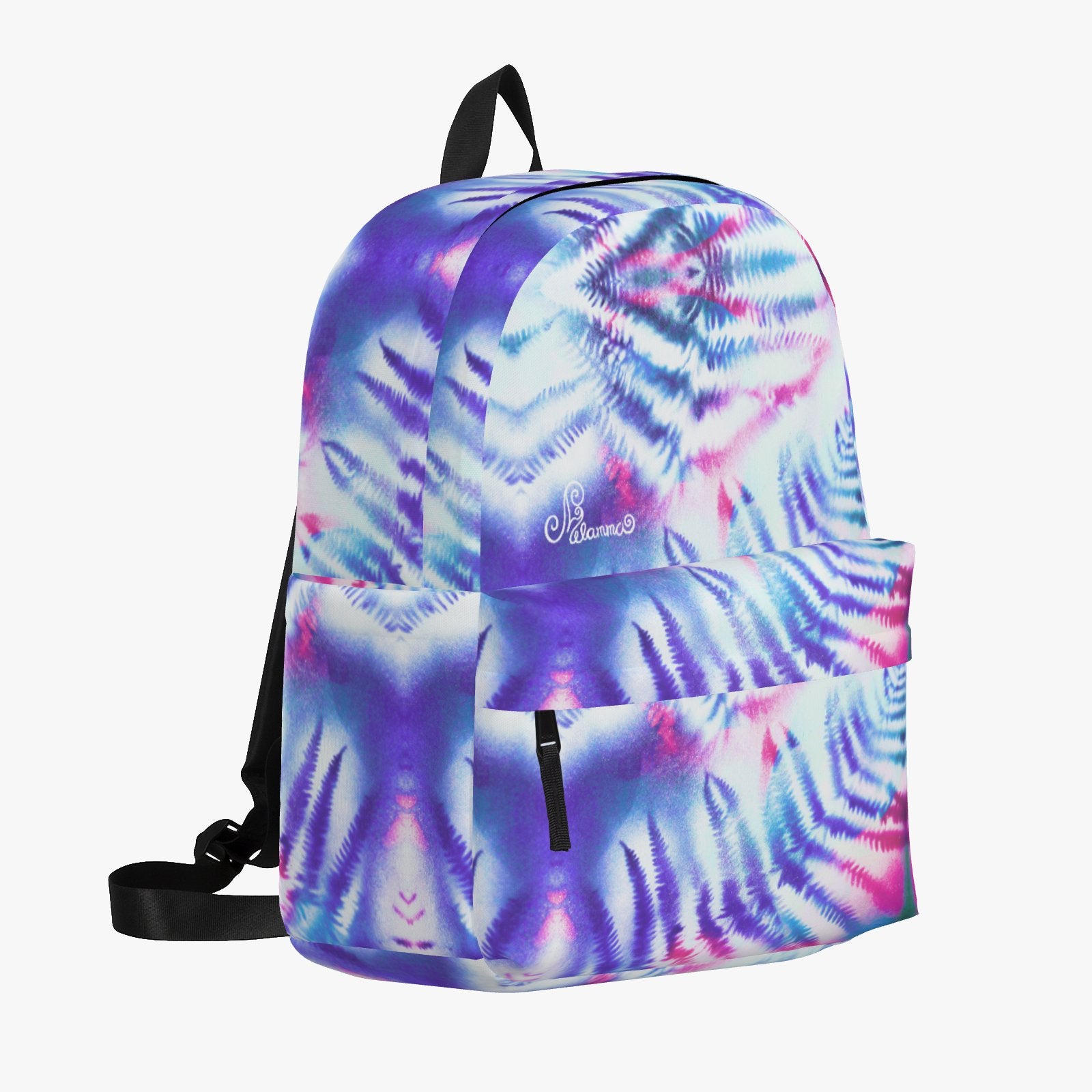 Melammu purple white pink fern art backpack bold wearable art