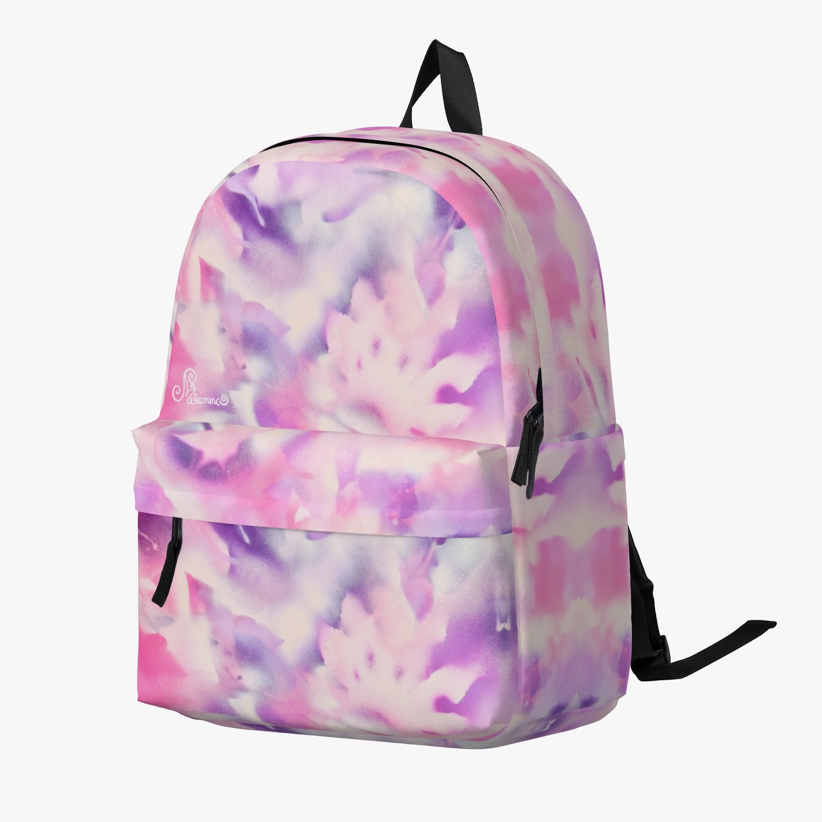 Melammu pink and purple backpack botanical spray art wearable art