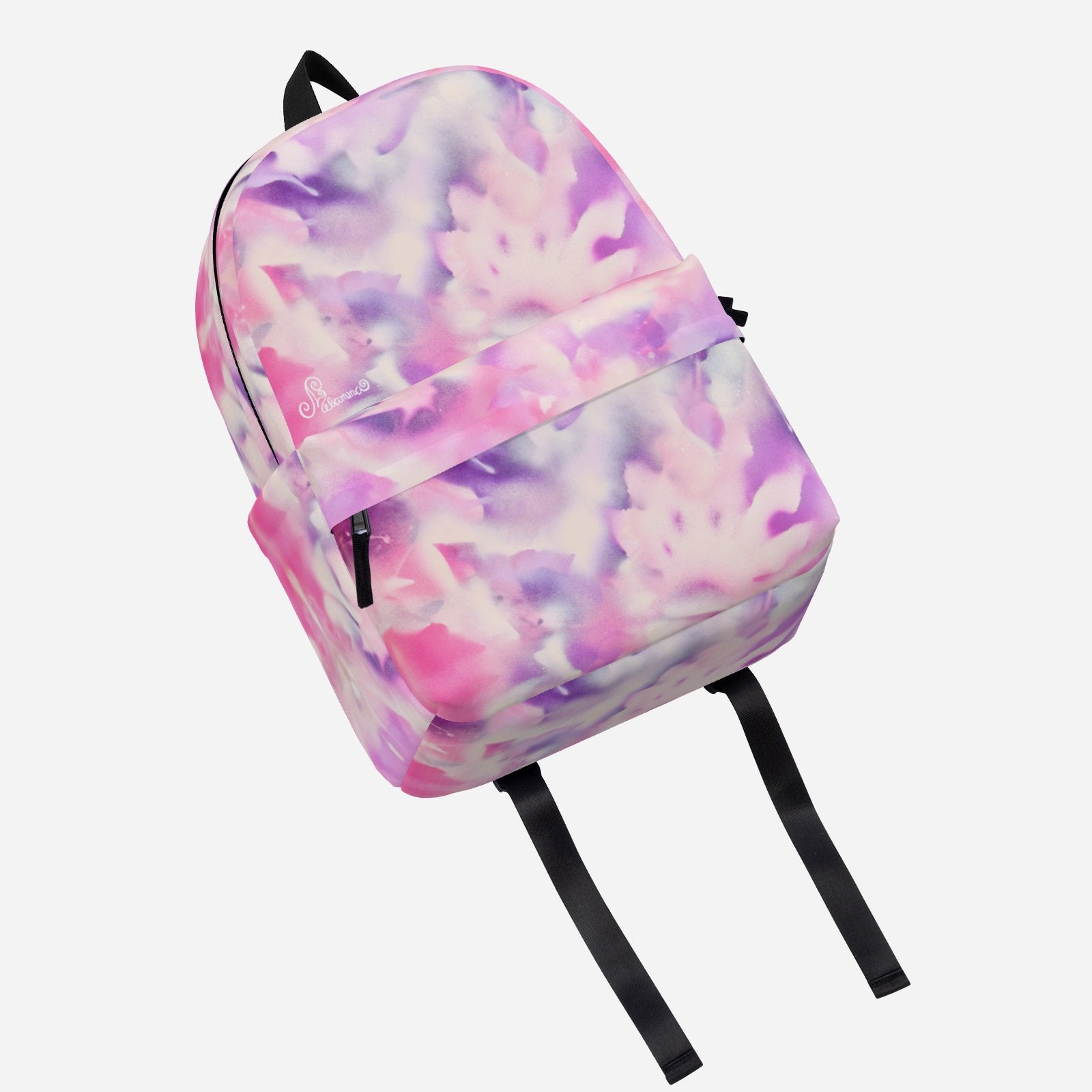 Melammu pink and purple backpack botanical spray art wearable art