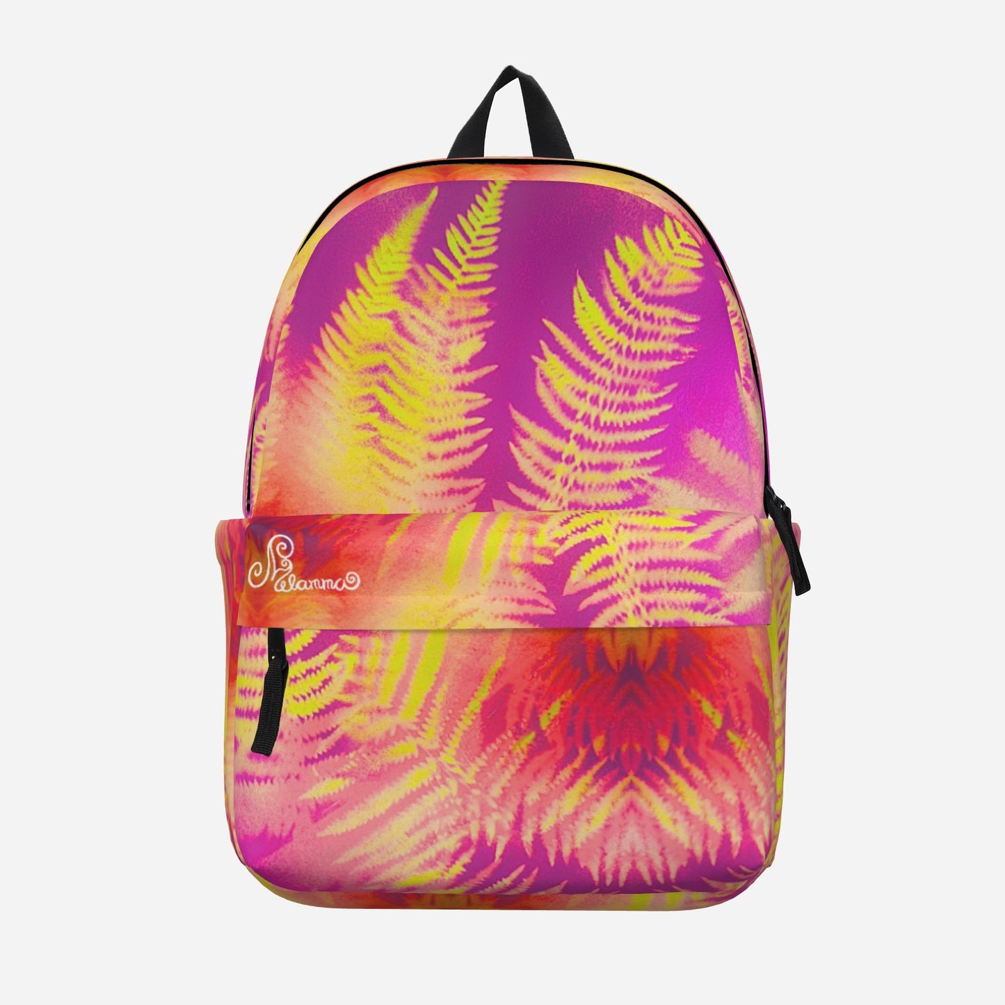 Melammu fern spray art backpack red yellow purple and orange wearable art