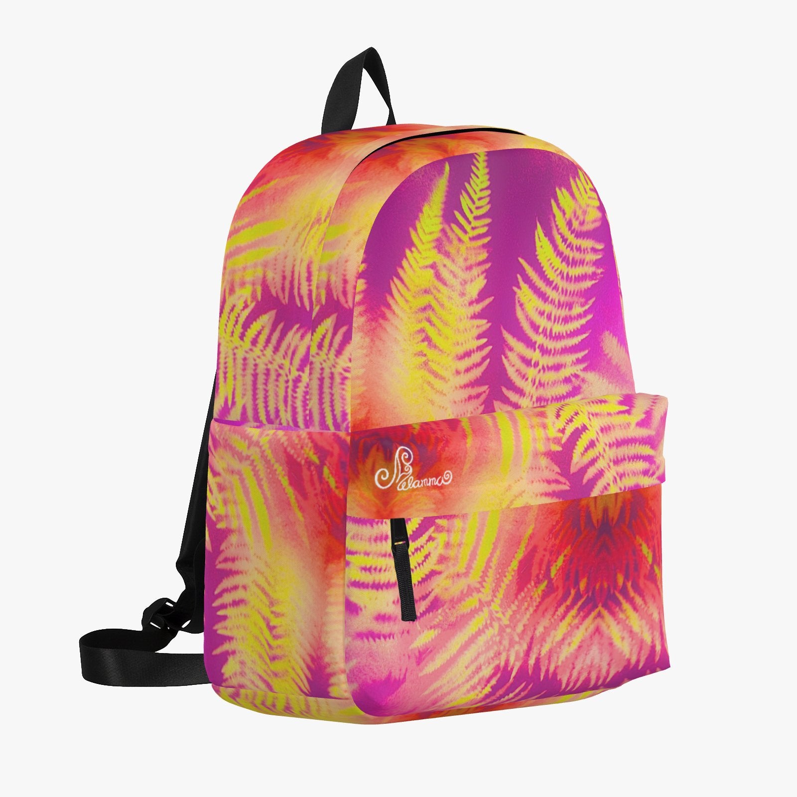 Melammu fern spray art backpack red yellow purple and orange wearable art