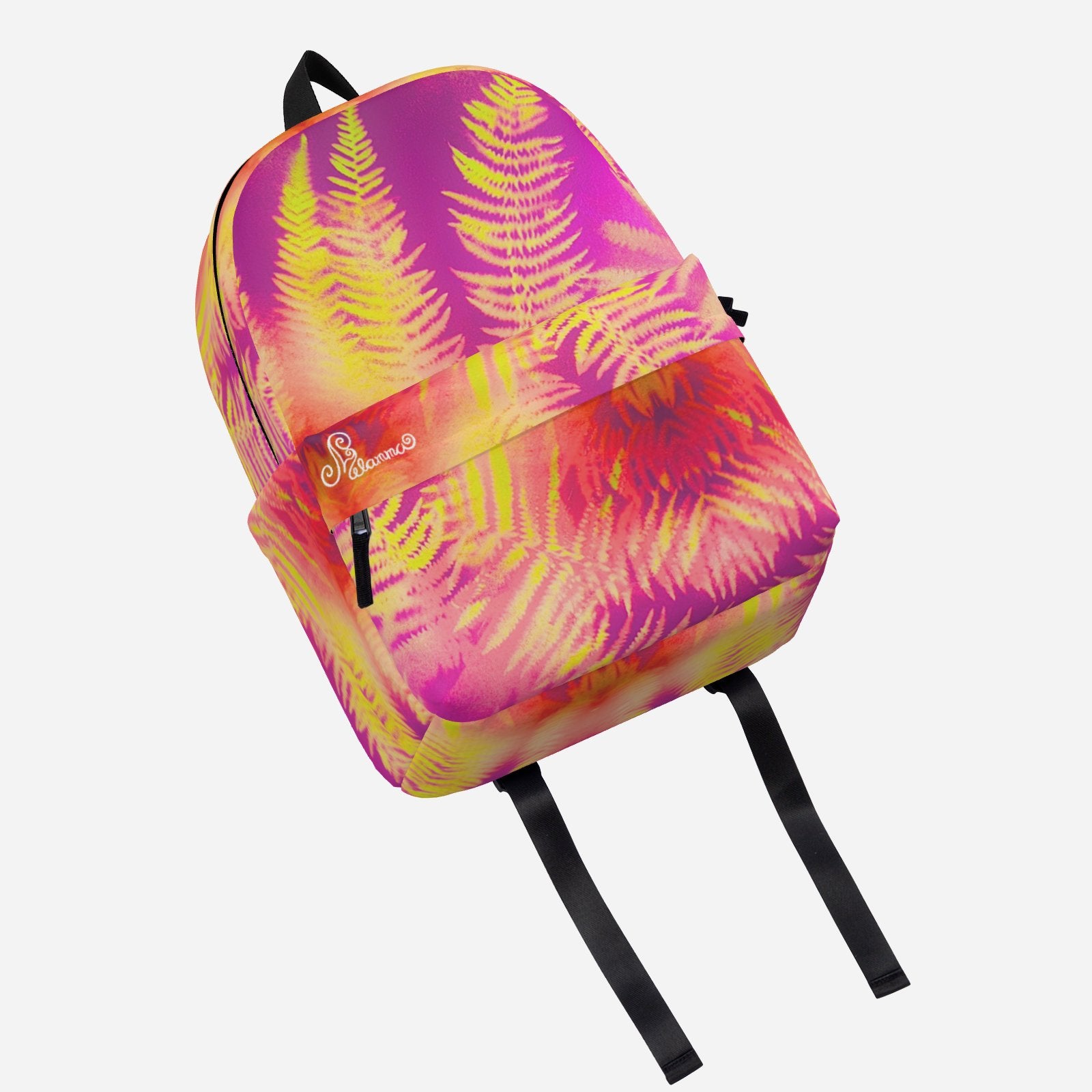 Melammu fern spray art backpack red yellow purple and orange wearable art