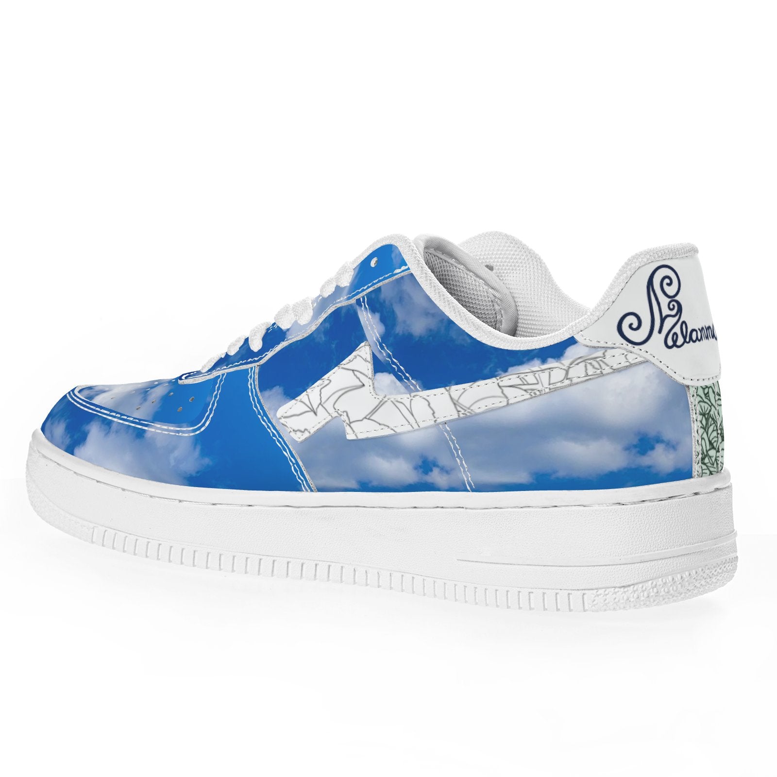 cloud print statement sneakers with a thunderbolt leaf detail and the Melammu logo philosophy walk on clouds trainers