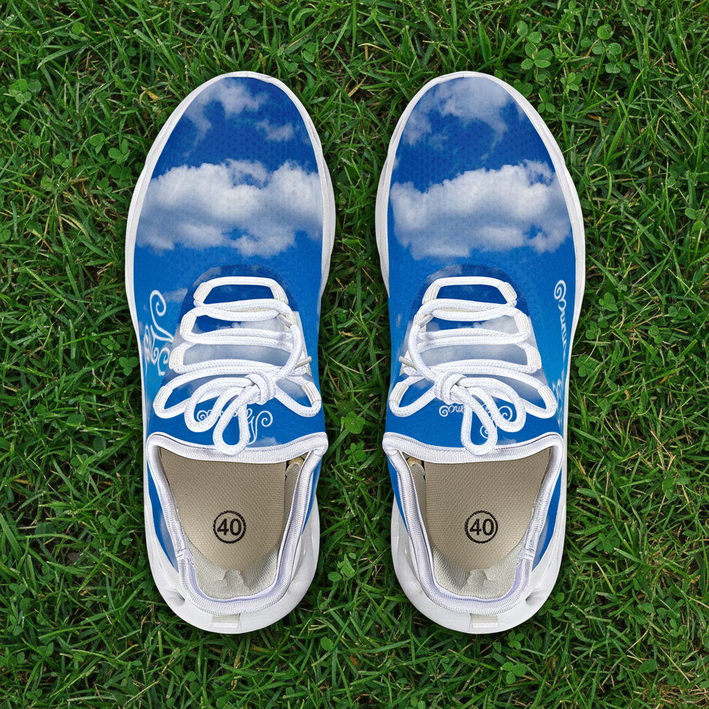 Melammu lightweight blue and white sky cloud trainers sneakers running style shoes wearable conceptual art