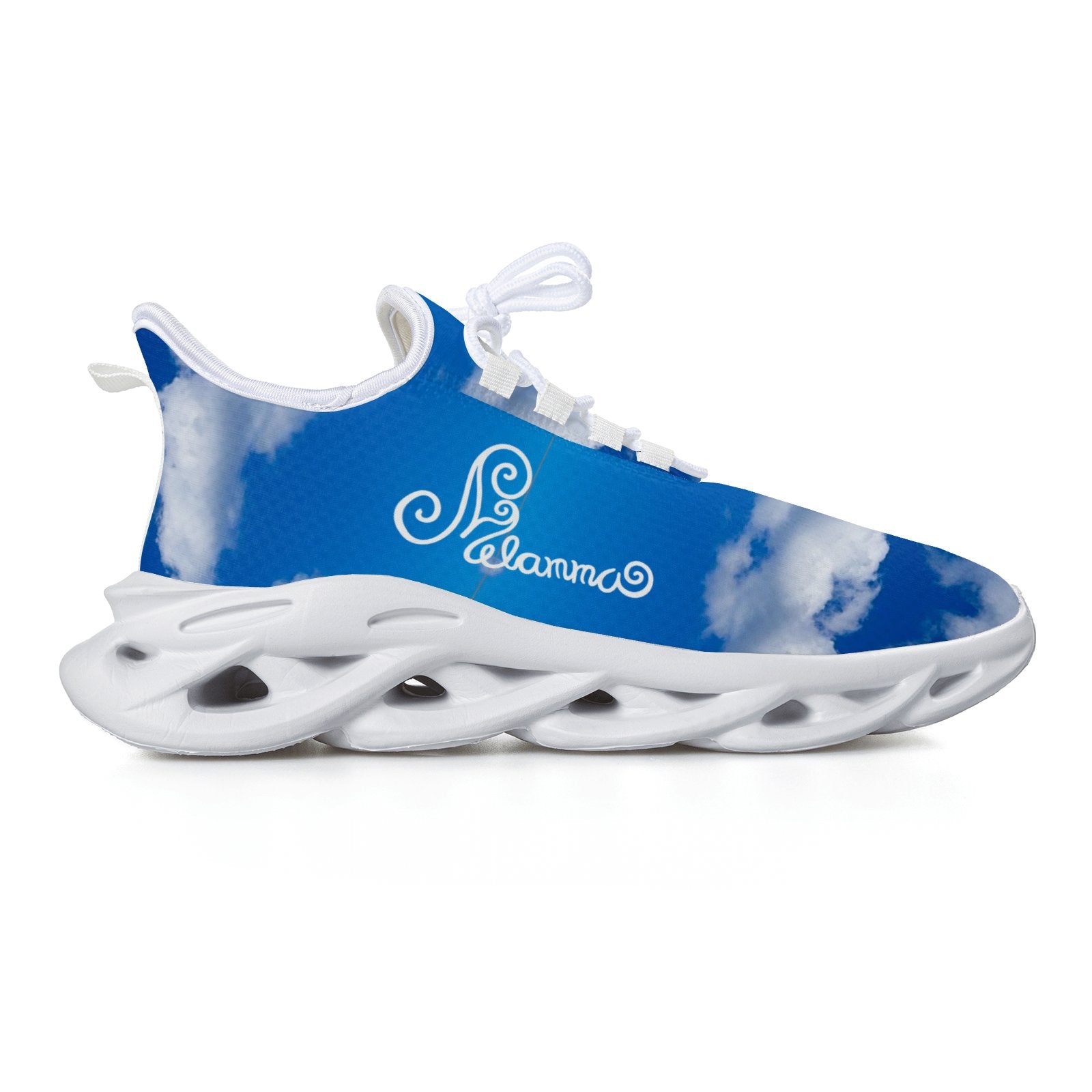 Melammu lightweight blue and white sky cloud trainers sneakers running style shoes wearable conceptual art