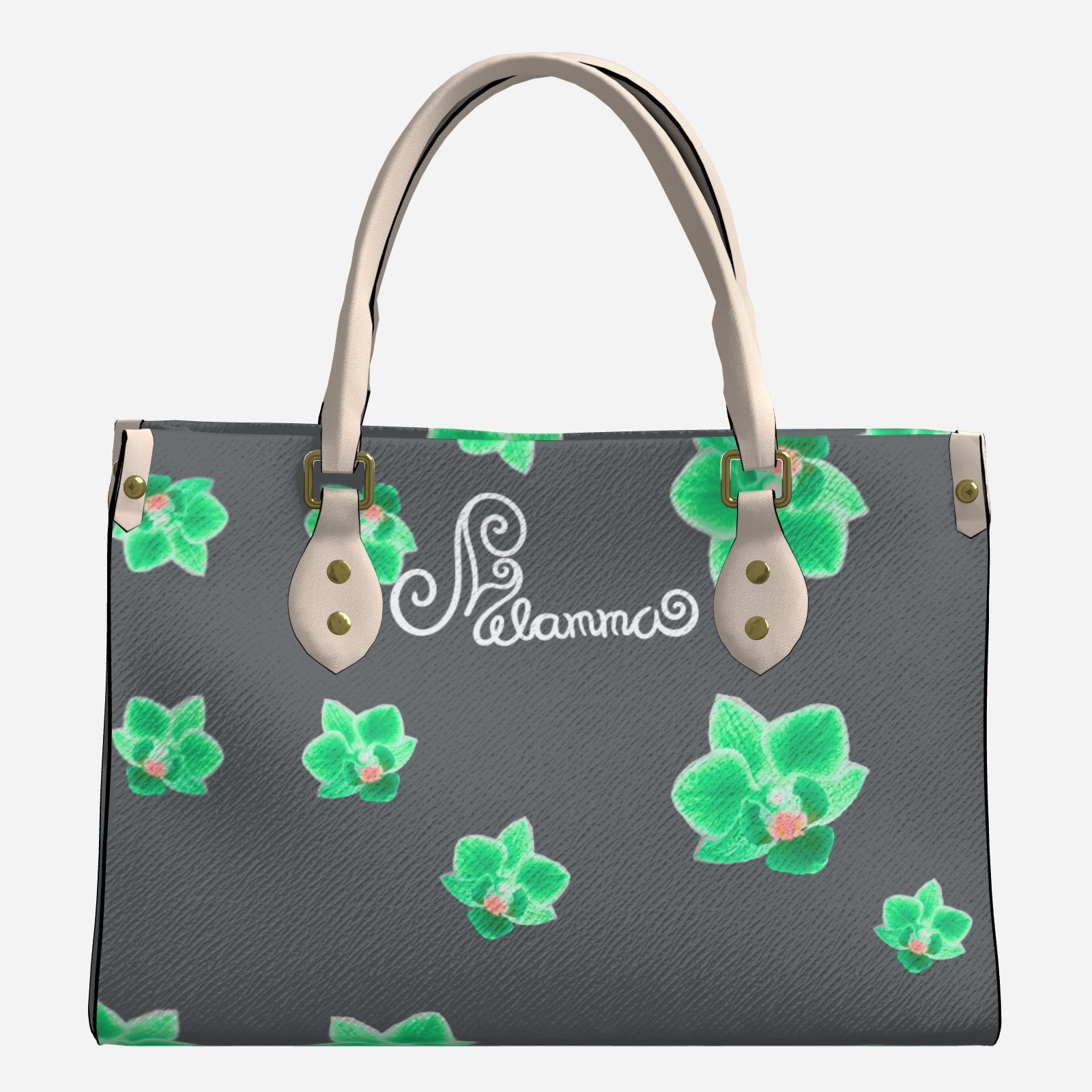 Melammu Neon Green Orchid Handbag on charcoal grey white handles rectangle fashion imitation leather