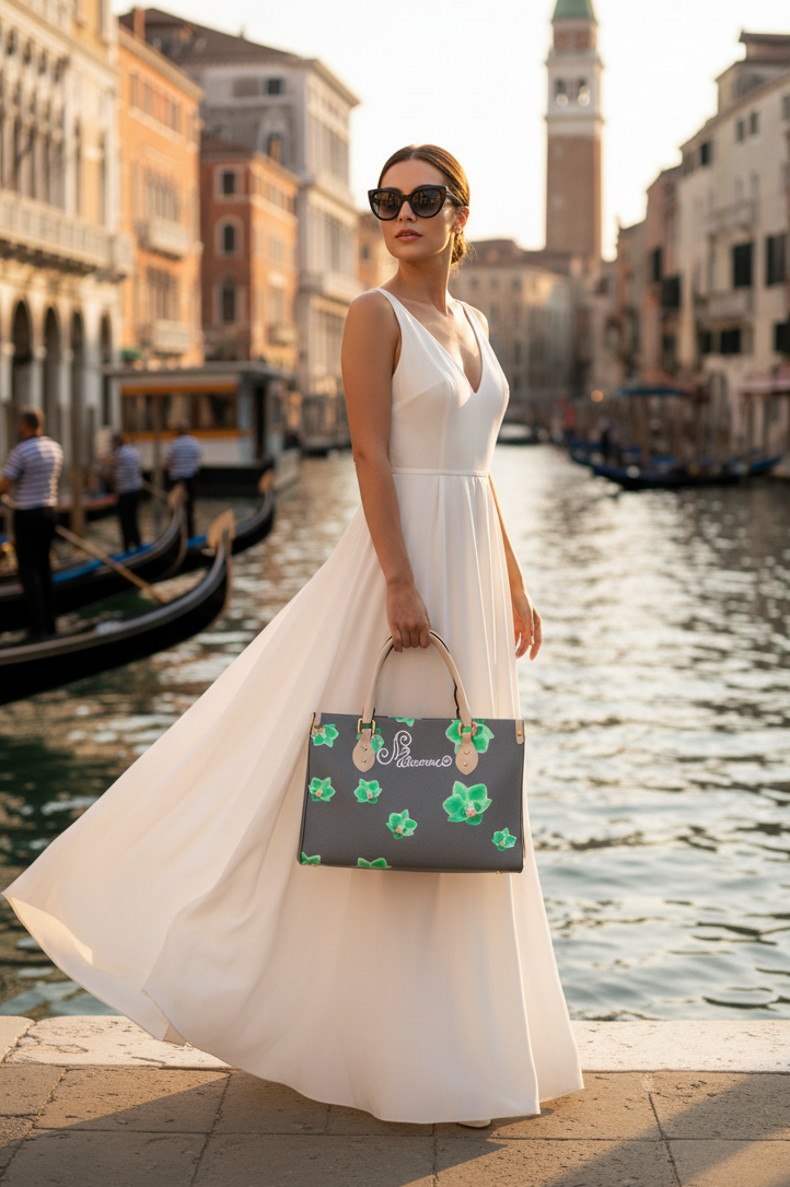 Melammu Neon Green Orchid Handbag on charcoal grey white handles rectangle fashion imitation leather
