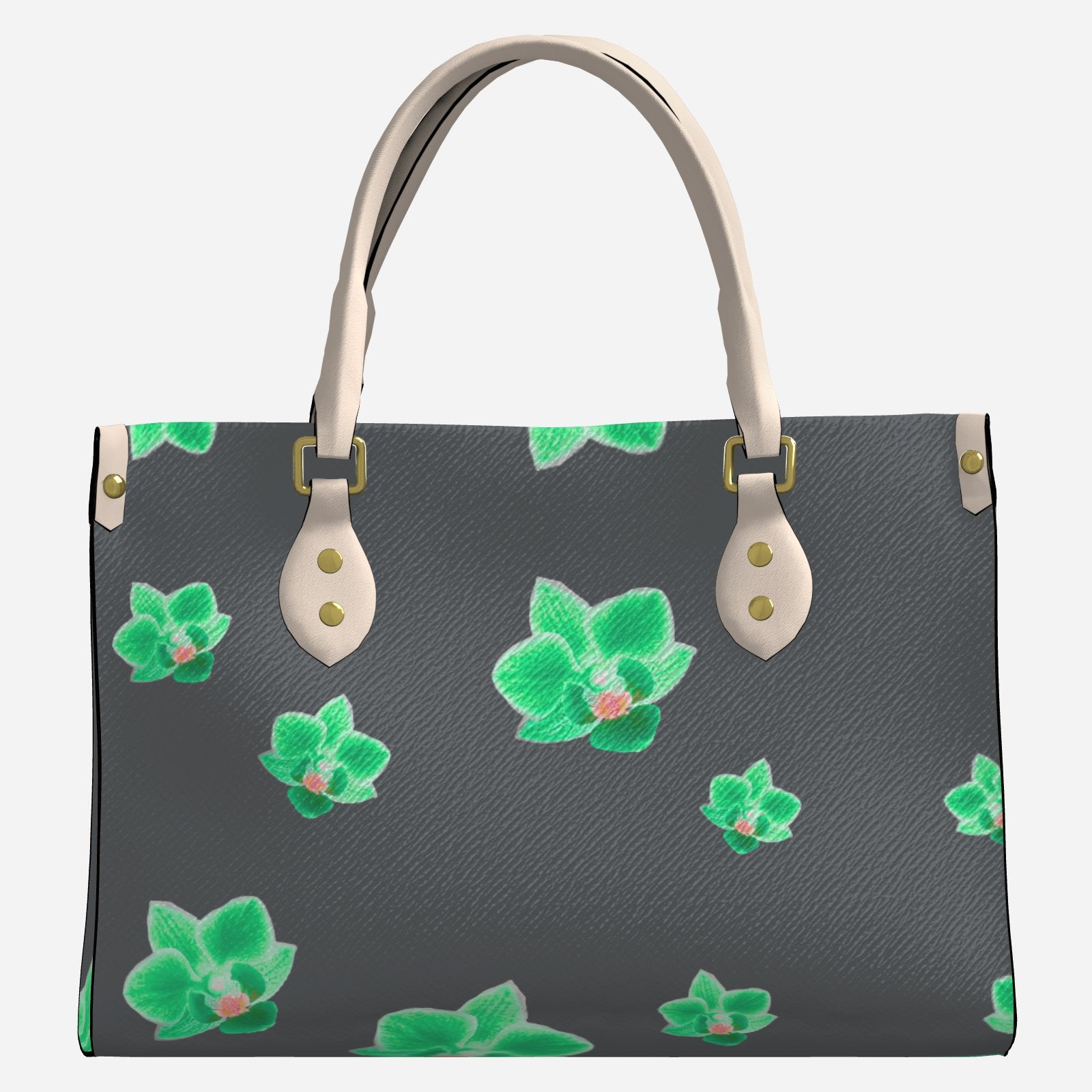 Melammu Neon Green Orchid Handbag on charcoal grey white handles rectangle fashion imitation leather