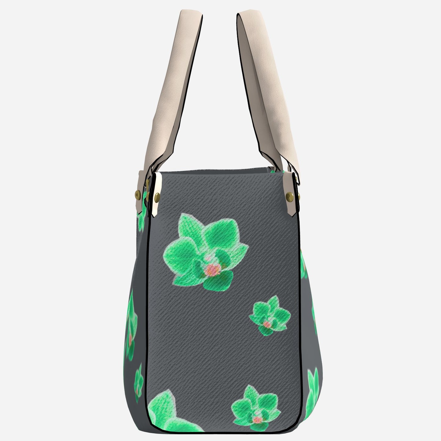 Melammu Neon Green Orchid Handbag on charcoal grey white handles rectangle fashion imitation leather