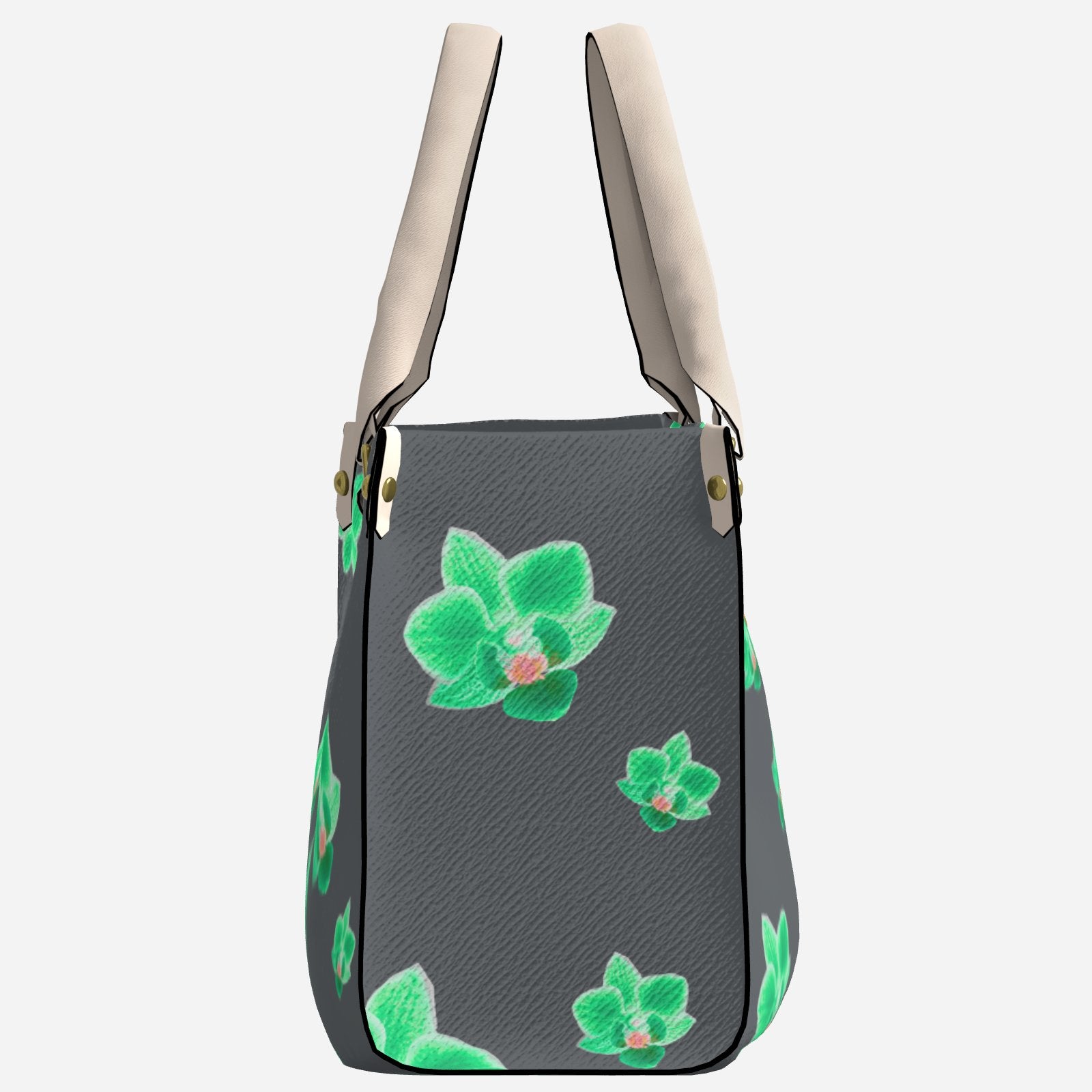 Melammu Neon Green Orchid Handbag on charcoal grey white handles rectangle fashion imitation leather