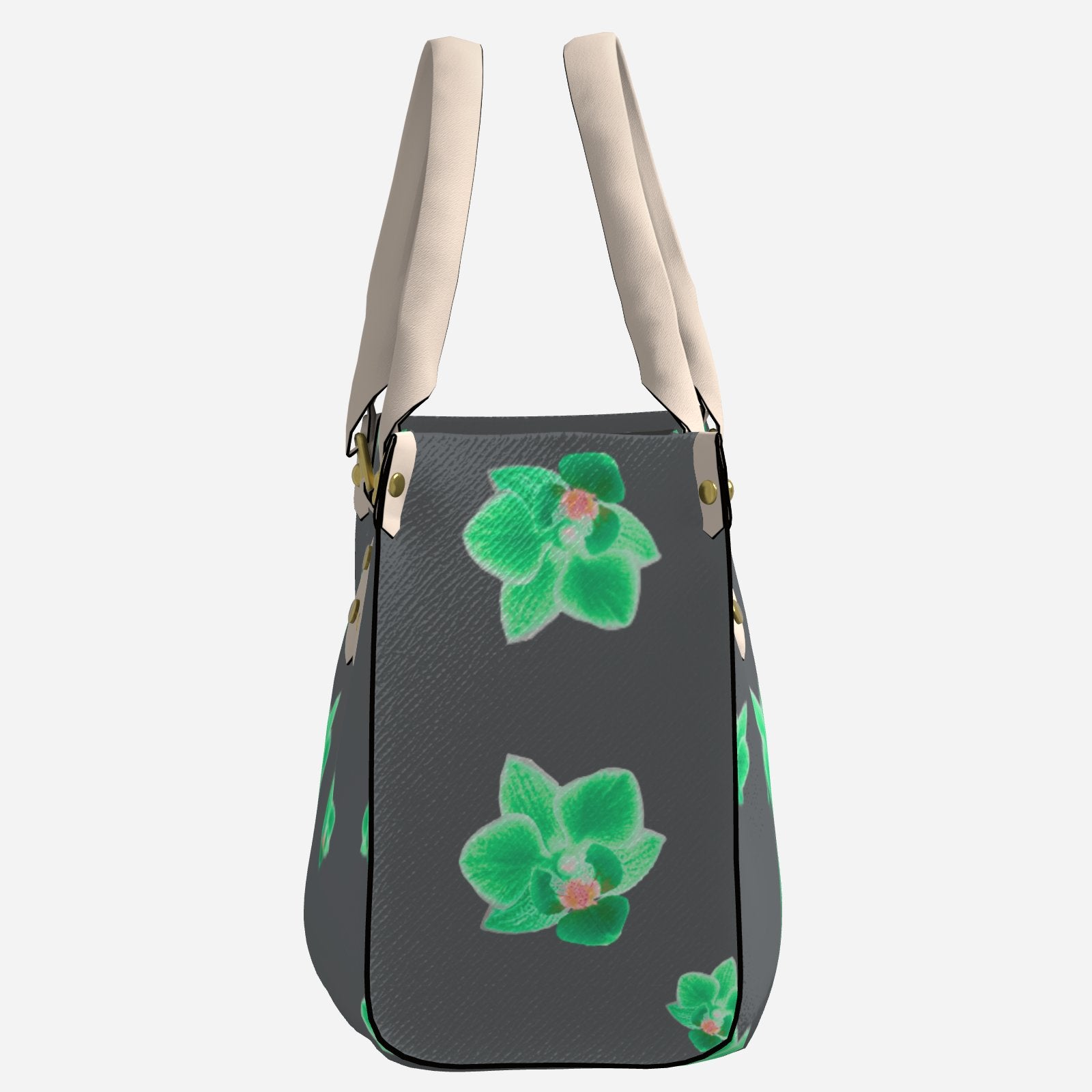 Melammu Neon Green Orchid Handbag on charcoal grey white handles rectangle fashion imitation leather