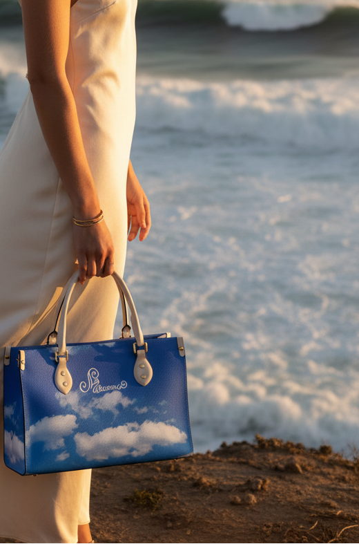 Melammu cloud print hand bag sky blue white handles rectangular variable sizes trending cloud collection