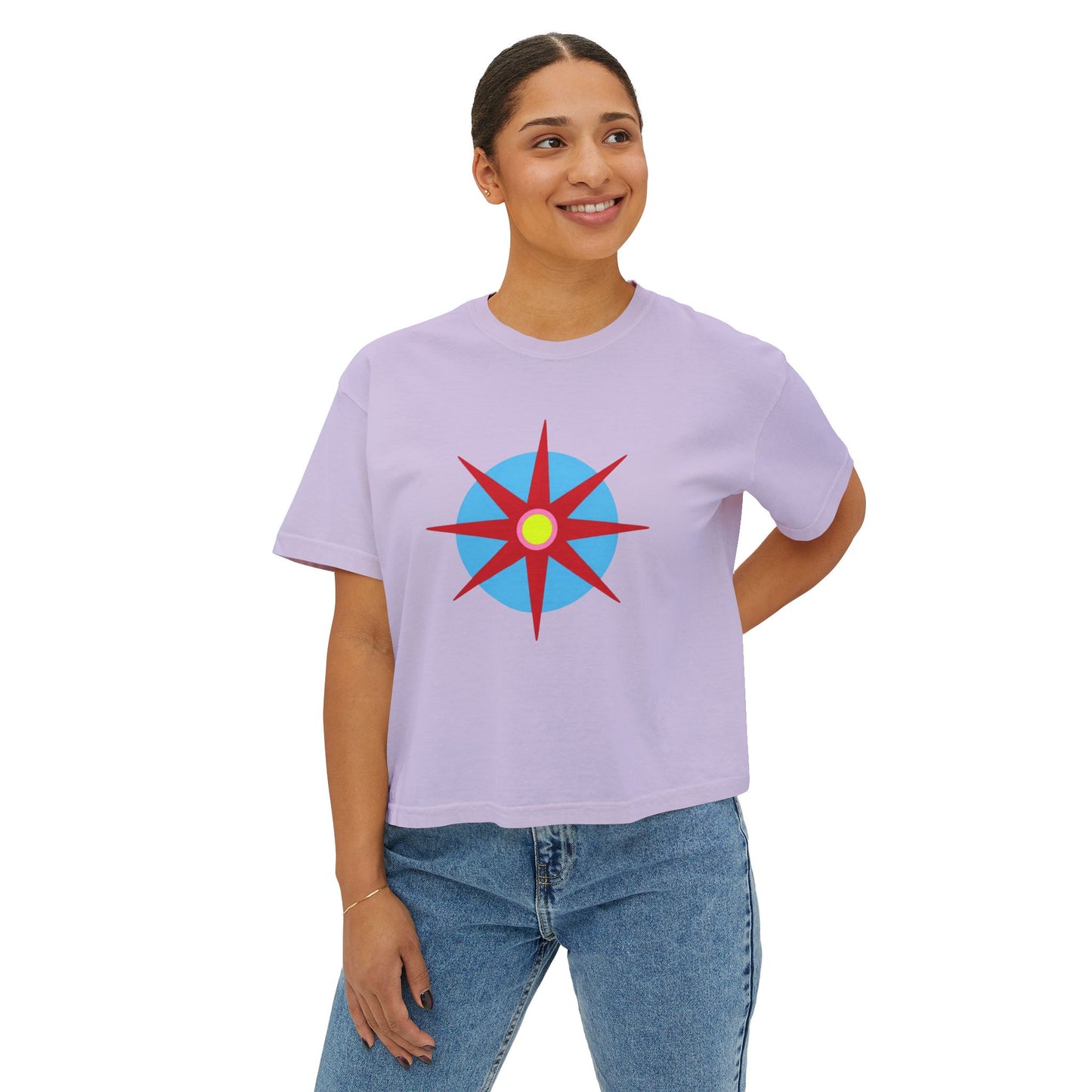Melammu 8-point star boxy tee in lilac — red 8-point star on a light blue circle with yellow centre on the front, white Melammu logo on back