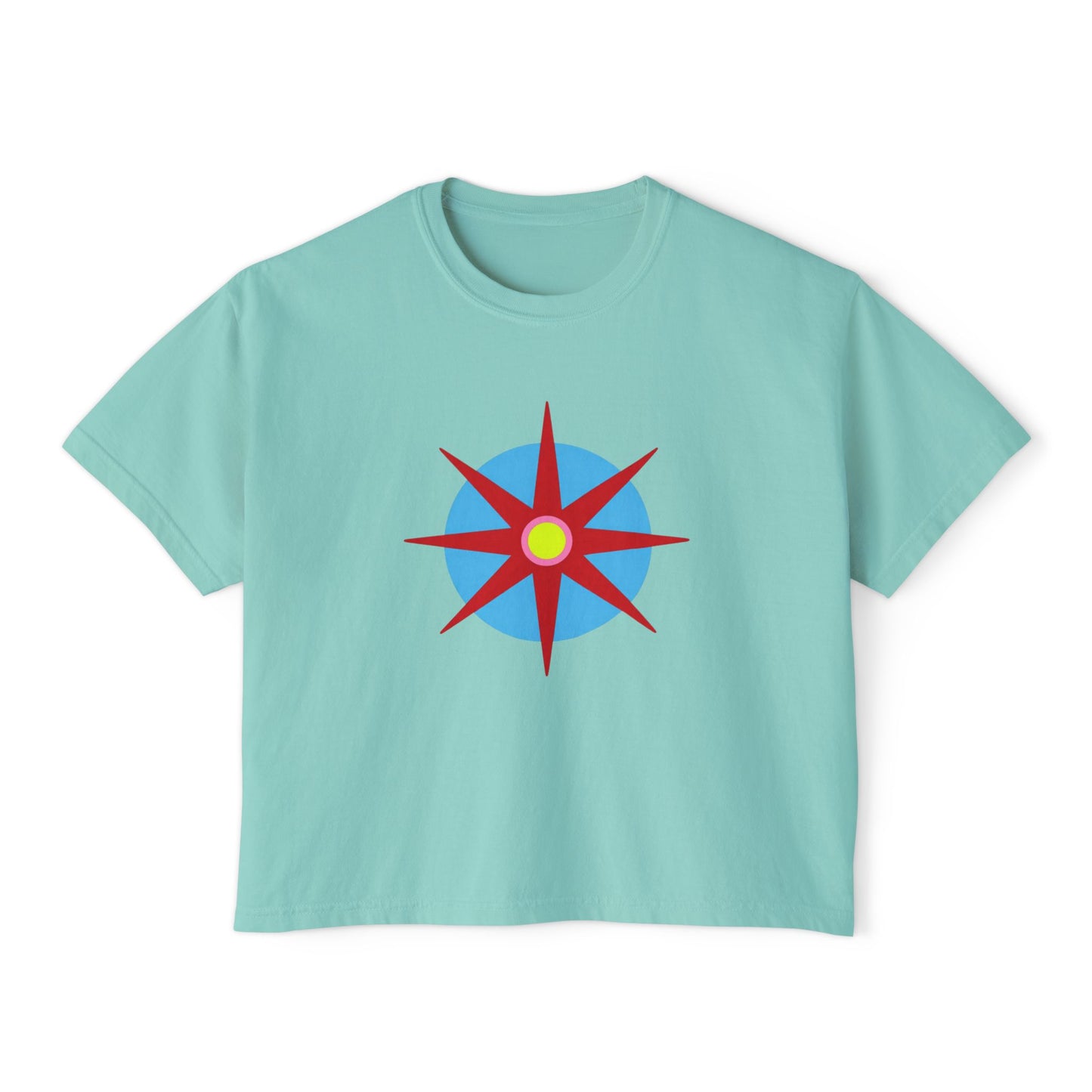 Melammu 8-point star boxy tee in chalky mint — red 8-point star on a light blue circle with yellow centre on the front, white Melammu logo on back