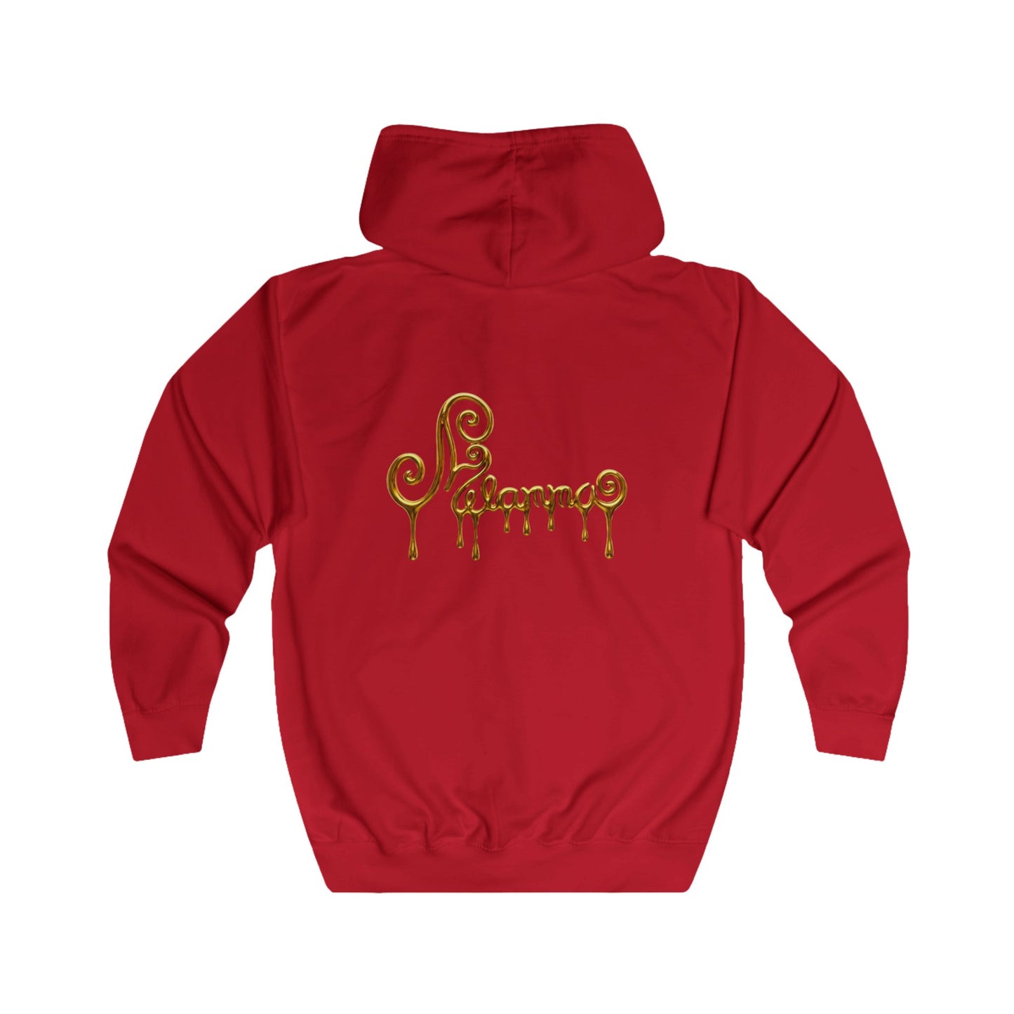 A red blue zip-up hoodie with two gold Pegasus designs printed on the chest, Melammu liquid gold on the back.