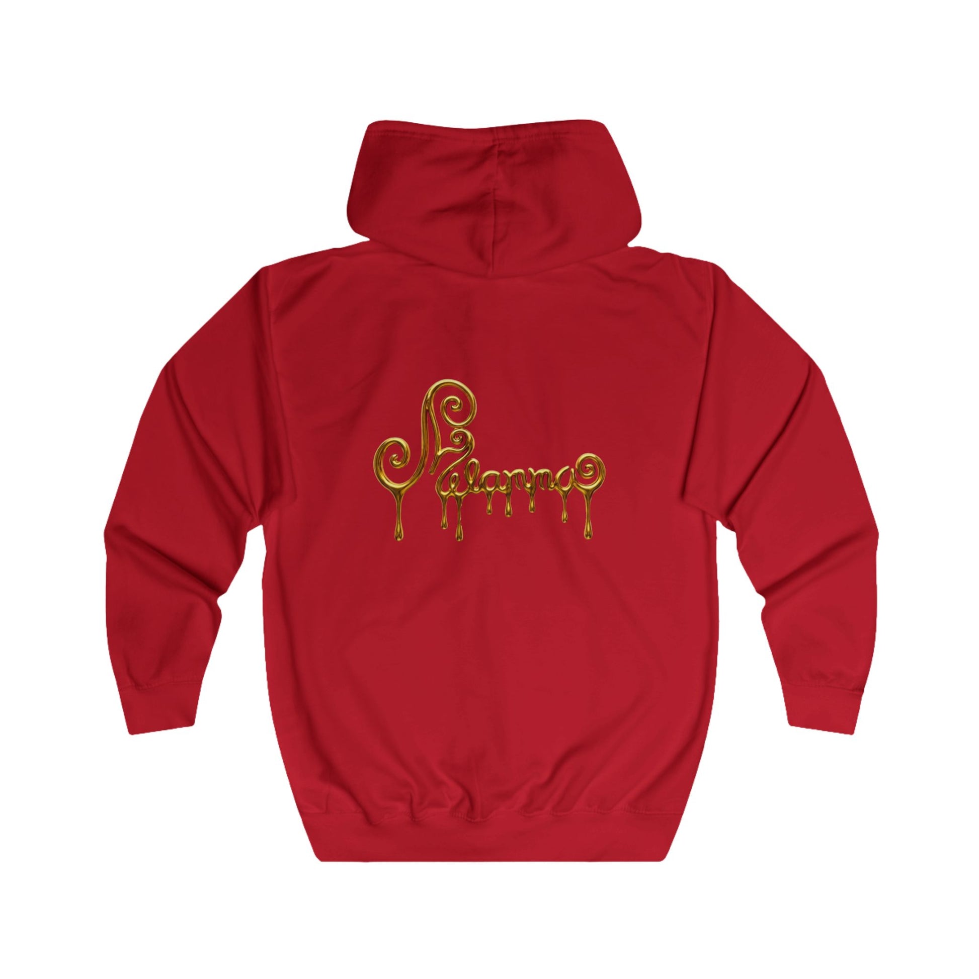 A red blue zip-up hoodie with two gold Pegasus designs printed on the chest, Melammu liquid gold on the back.