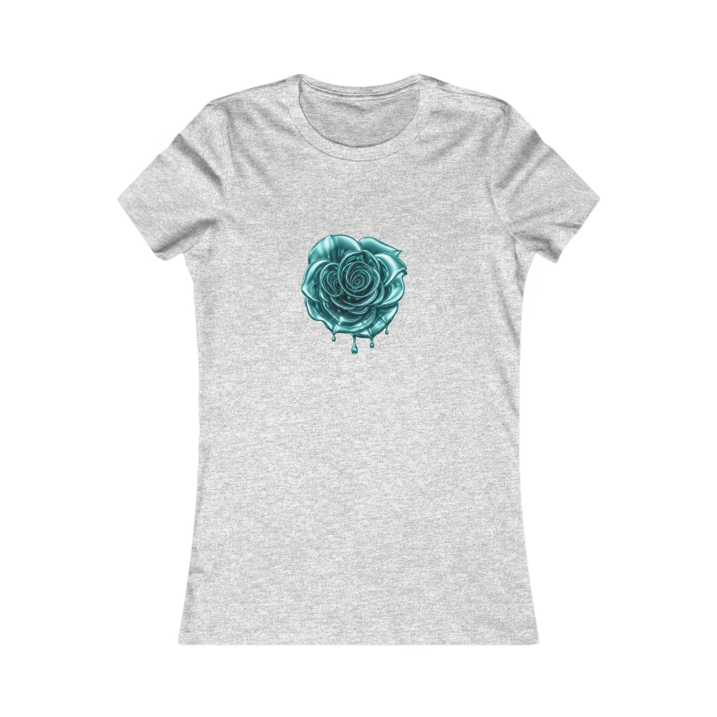 light grey t-shirt featuring a central graphic of a teal chrome dripping rose, blue metallic Melammu dripping sign on the back ladies