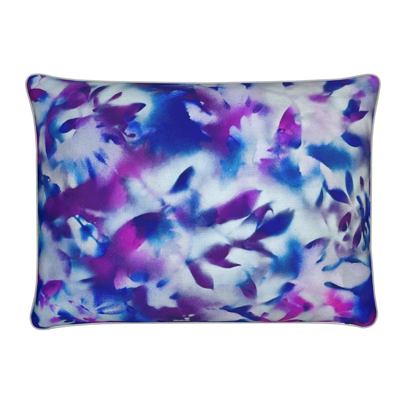 Melammu blue and violet botanical rectangular cushion with white pipin