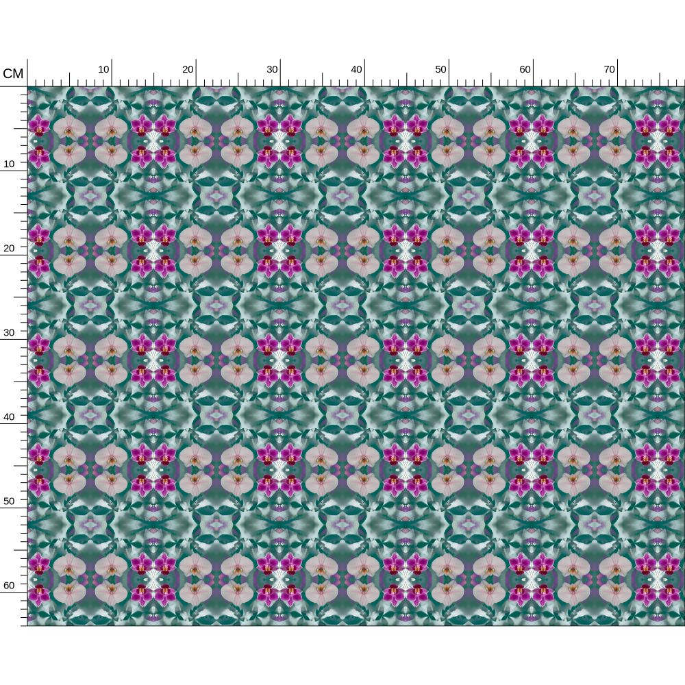13 Melammu geometric violetpink orchids on botanical teal print fabric