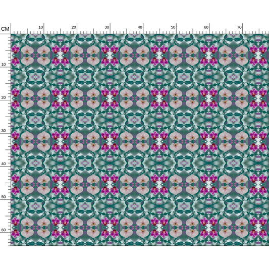 Melammu artistic fabric geometric violet and white pink orchids kaleidoscopic teal textile design