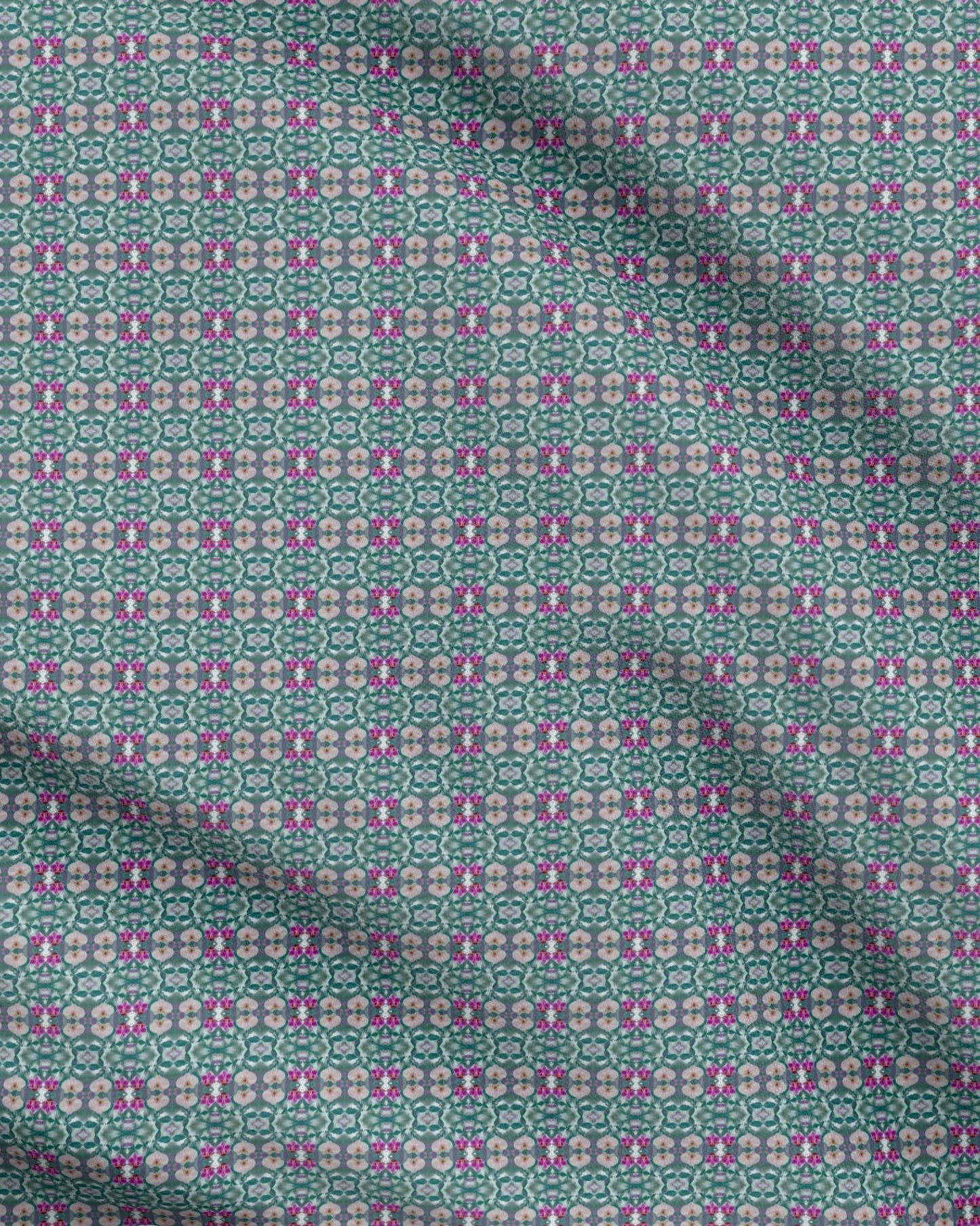13 Melammu geometric violetpink orchids on botanical teal print fabric