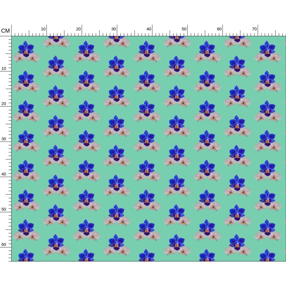 16 Melammu blue orchid on teal repeat half drop design fabric