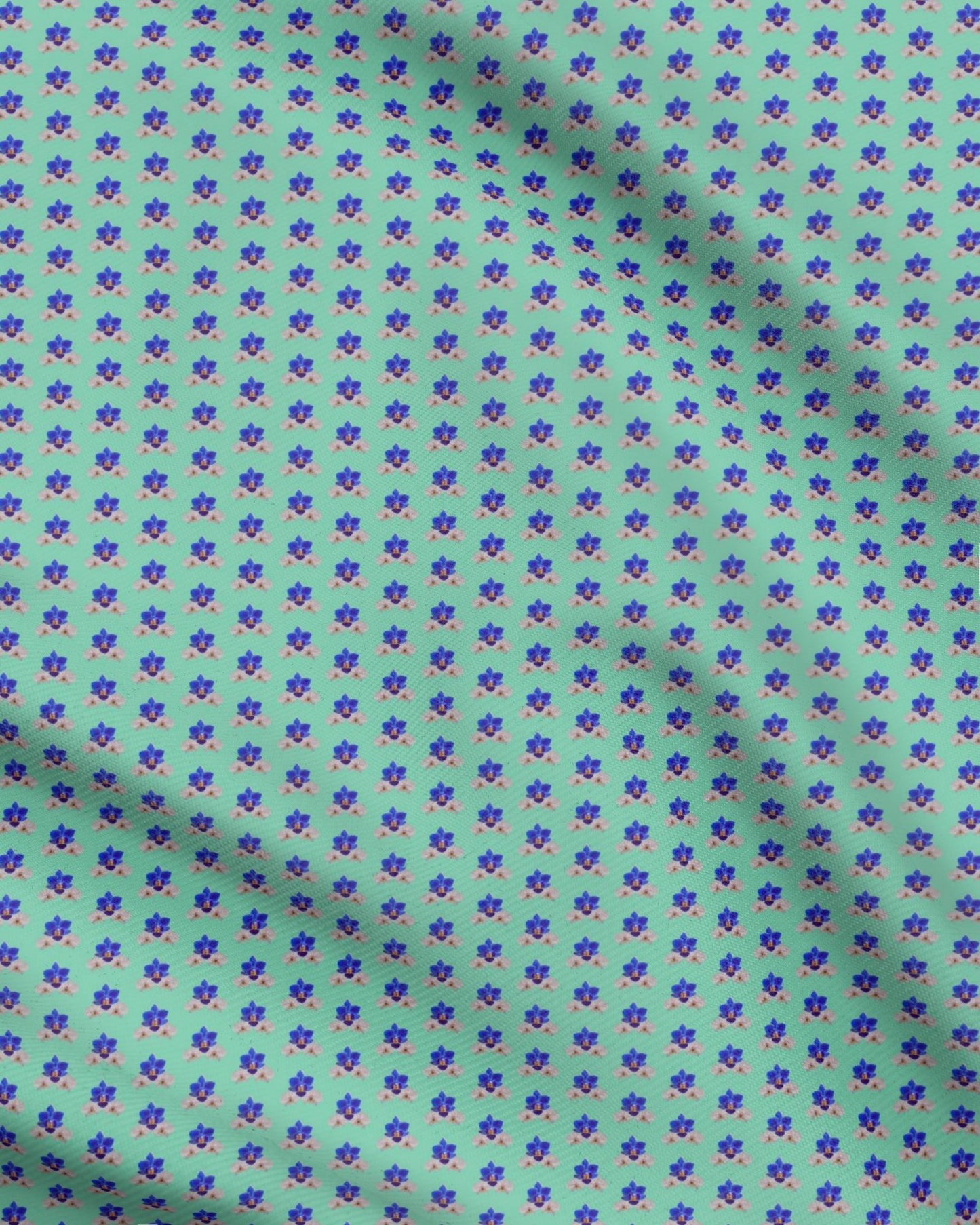 16 Melammu blue orchid on teal repeat half drop design fabric