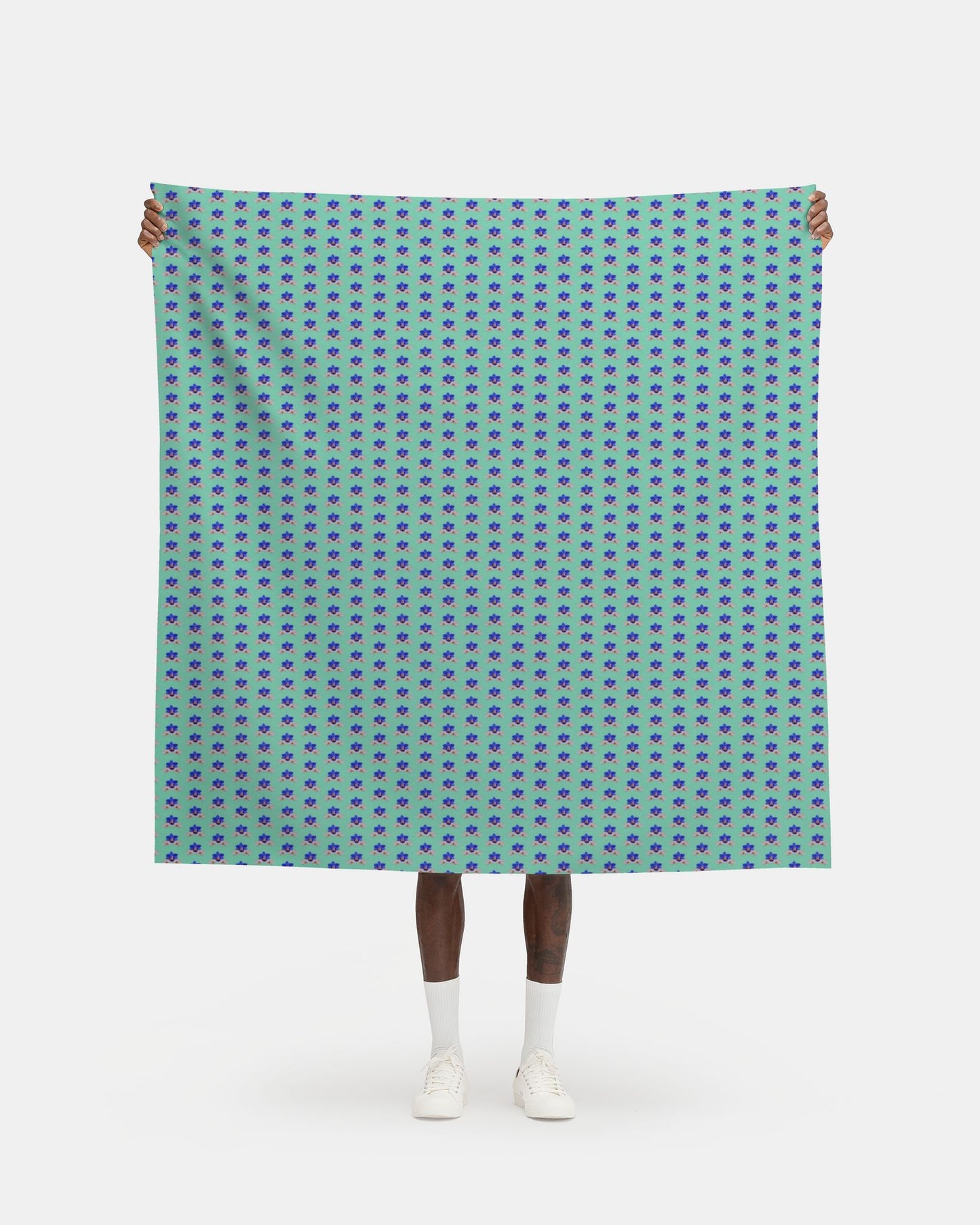16 Melammu blue orchid on teal repeat half drop design fabric