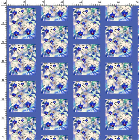 Royal blue and white orchids overlaid on botanical spray art tile fabric in white, cream, blue and green on indigo — brick tile repeat pattern by Melammu