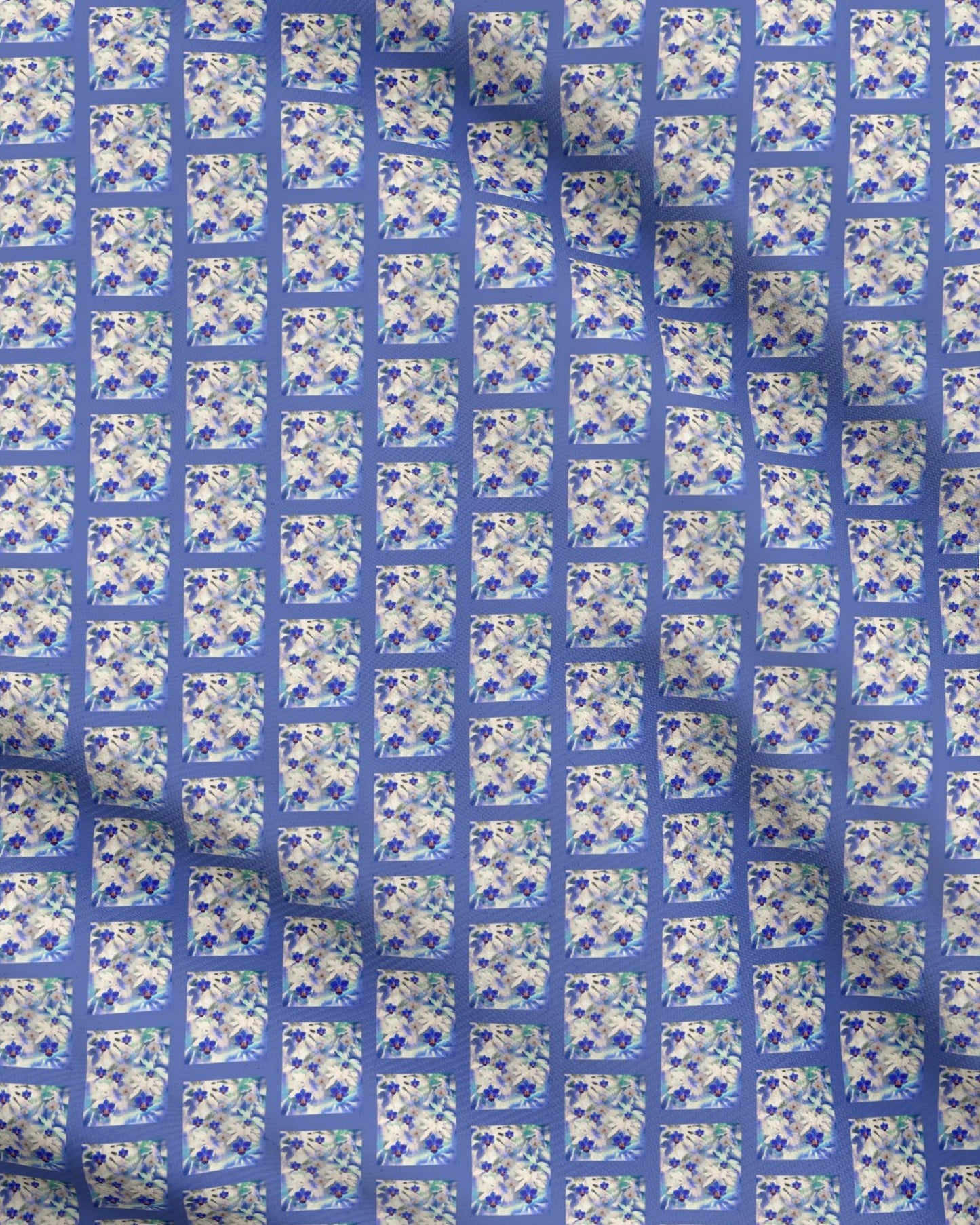 16 Melammu blue orchid on botanical print tile half drop fabric