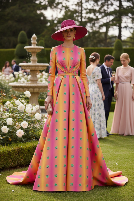 geometric design neon green orchids Melammu designer fabric with vertical golden yellow to bubblegum pink gradient wave background bright bold artist fabric