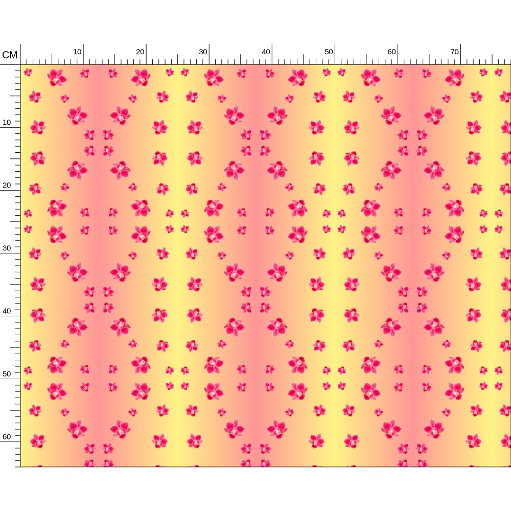 Melammu red orchid scattered on yellow to pink gradient fabric
