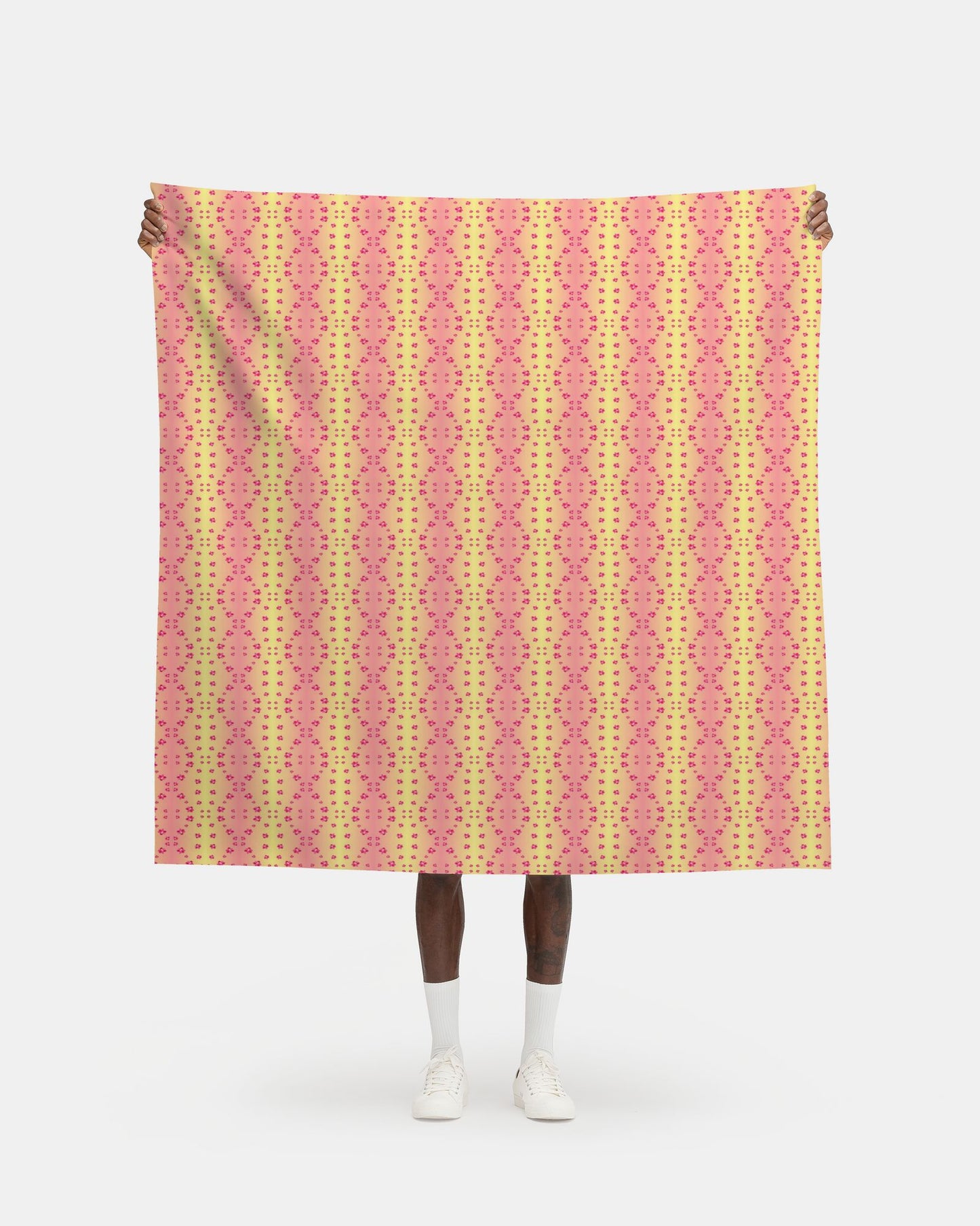 Melammu red orchid scattered on yellow to pink gradient fabric