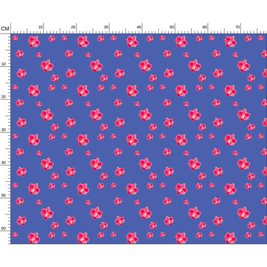 infrared  orchids Melammu designer fabric with indigo blue background bright bold artist fabric 