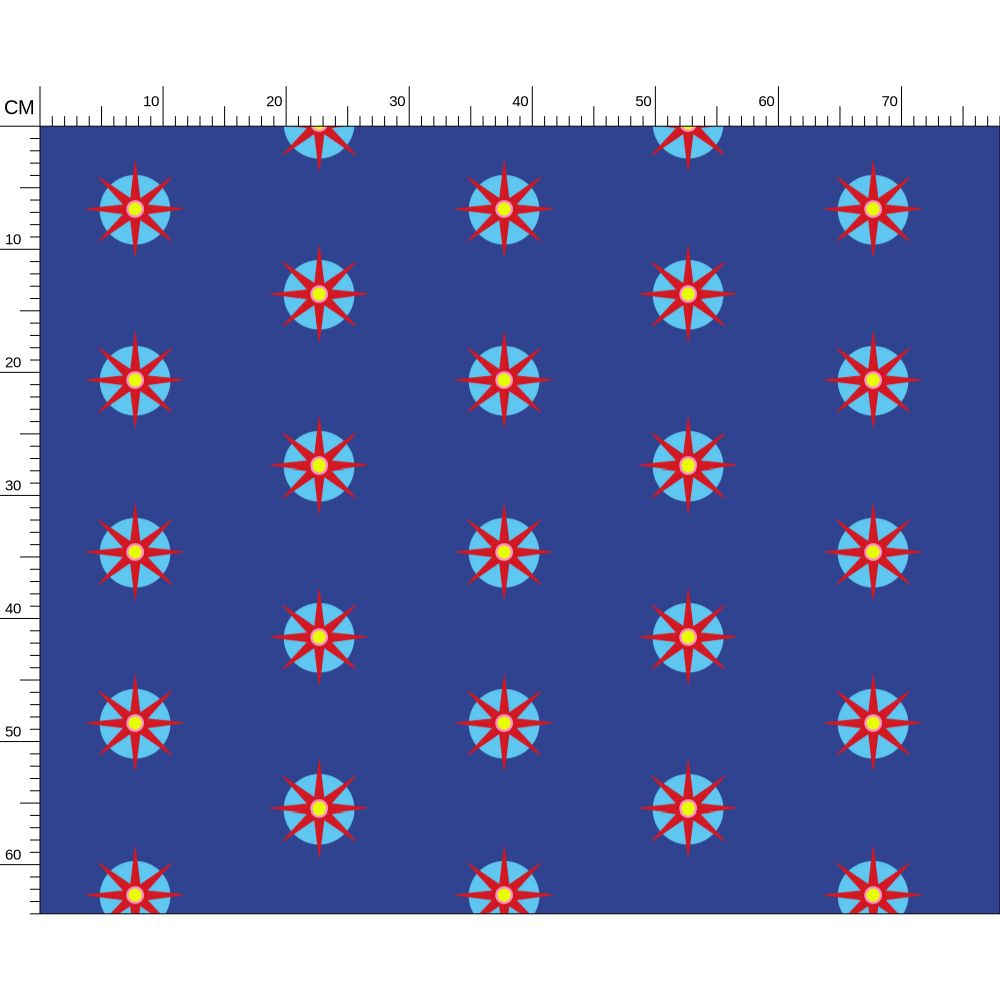 Melammu red 8 point star on light blue circle orb bold navy fabric