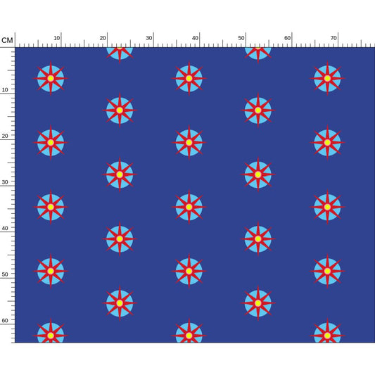 celestial 8 point star, light blue circle on navy melammu bold artist fabric design 