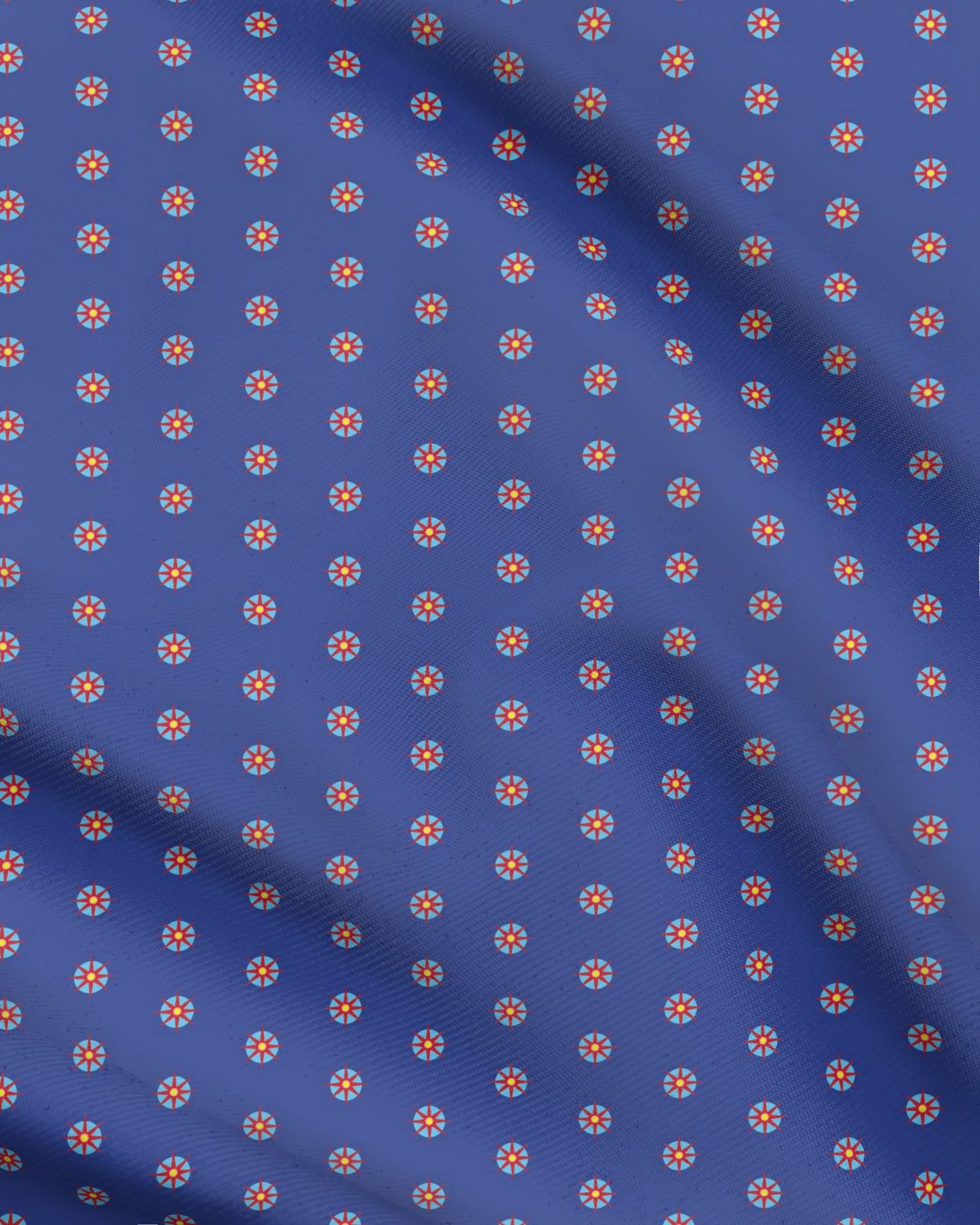 Melammu red 8 point star on light blue circle orb bold navy fabric