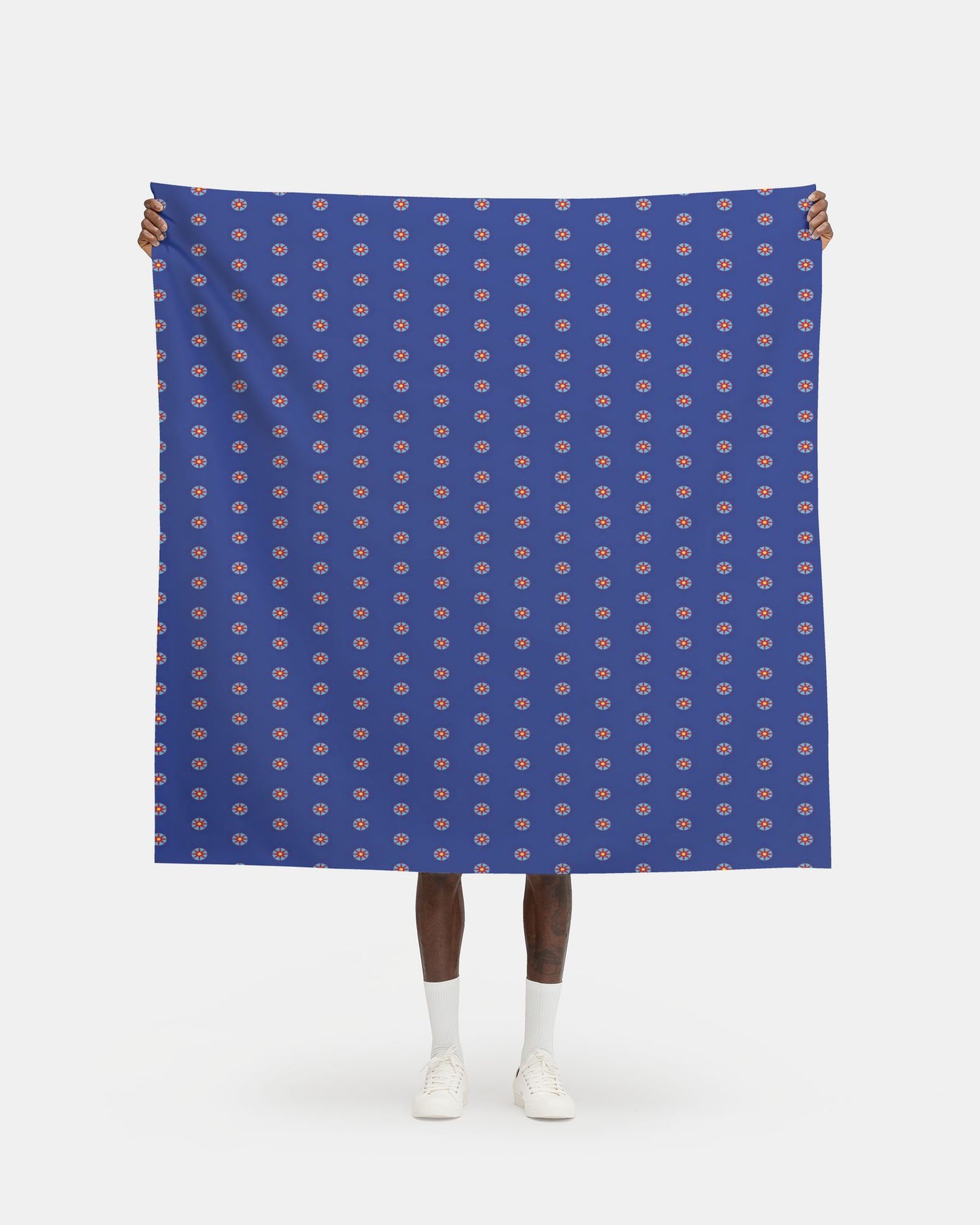 Melammu red 8 point star on light blue circle orb bold navy fabric
