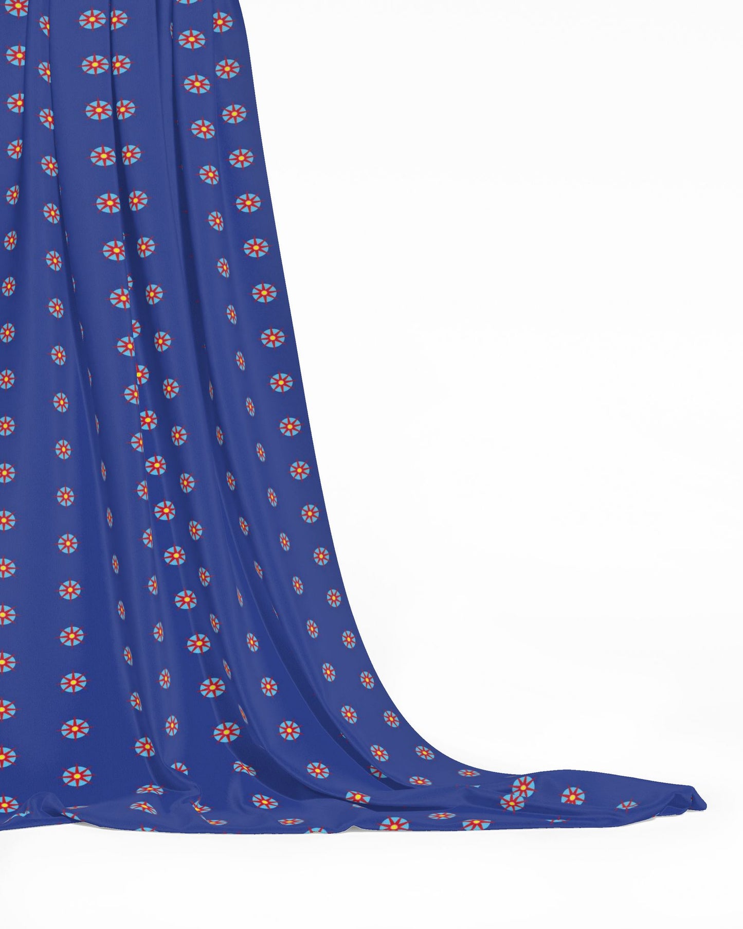 Melammu red 8 point star on light blue circle orb bold navy fabric