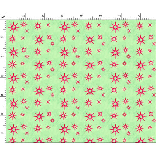 Melammu red 3d metallic 8 point star fabric on green textured background bold celestial artist fabric