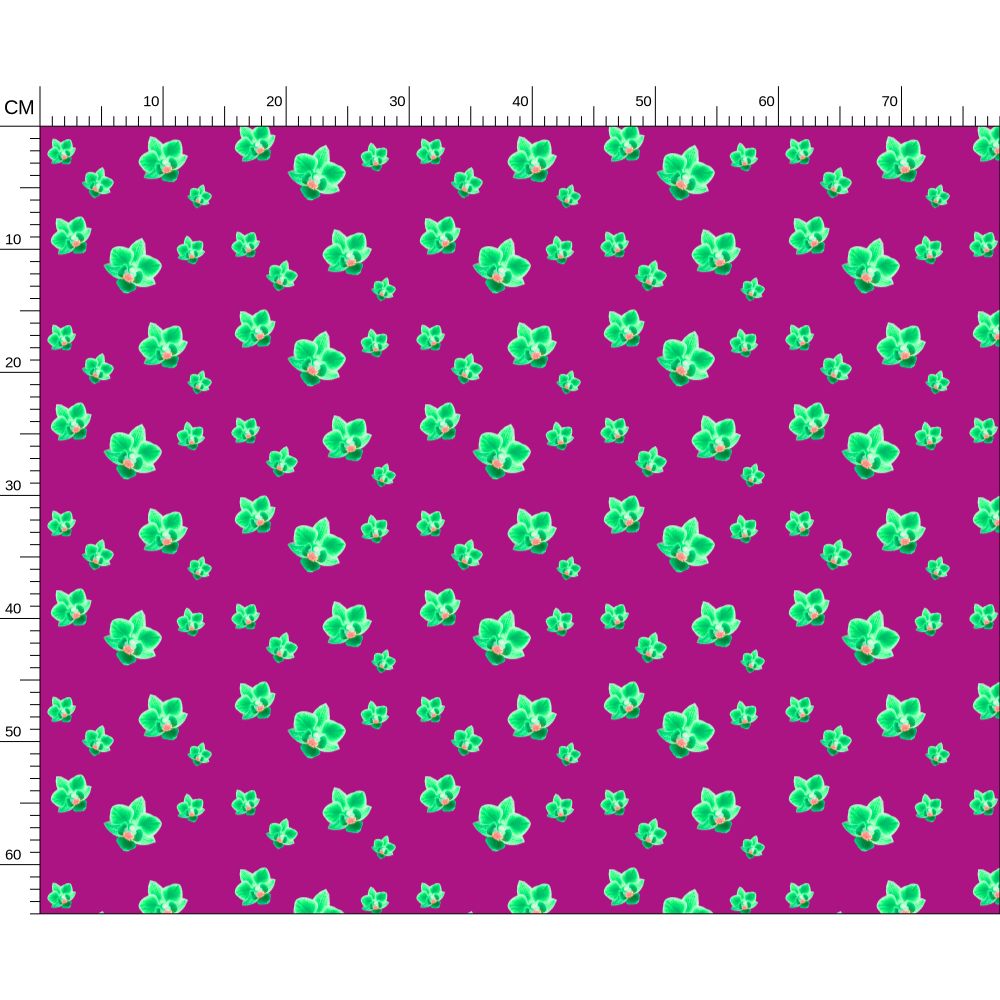 Melammu neon green orchids on dark magenta half drop fabric