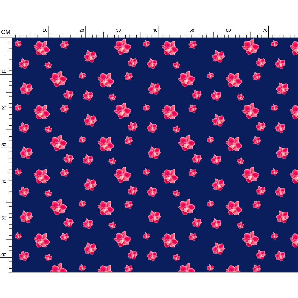 Melammu bright pinky red orchids on navy fabric