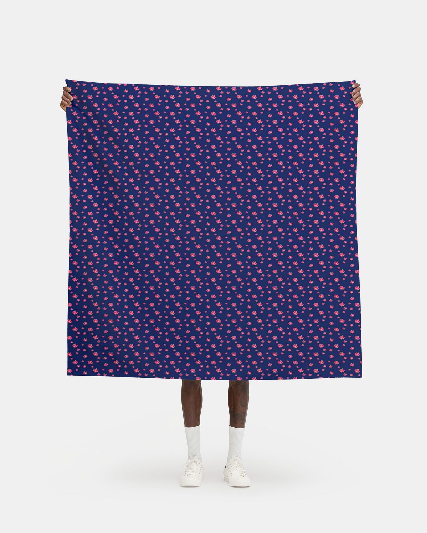 Melammu bright pinky red orchids on navy fabric