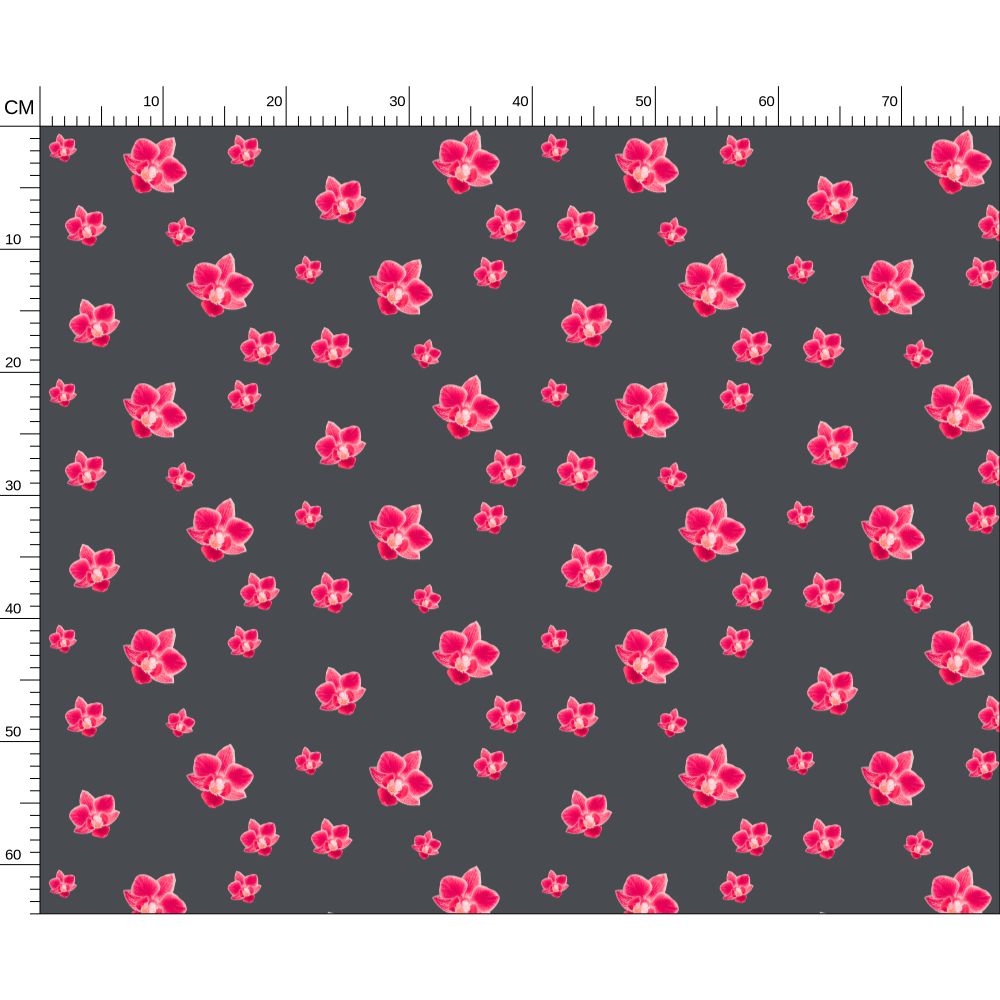 Melammu pinky red orchids on charcoal grey fabric