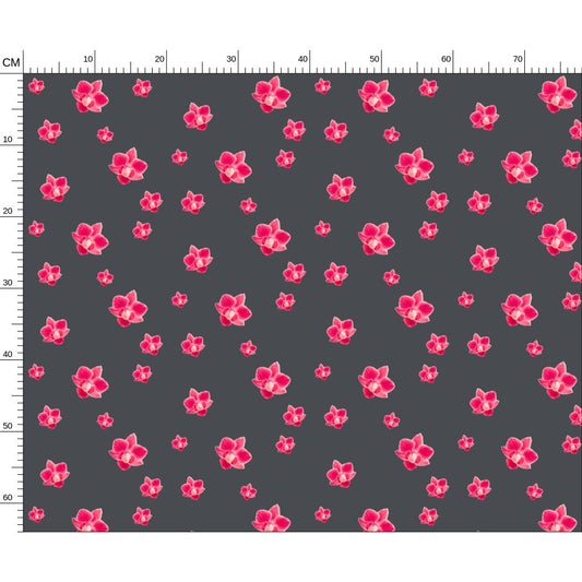 bright bold infrared orchids on charcoal grey melammu designer artist fabric botanical design