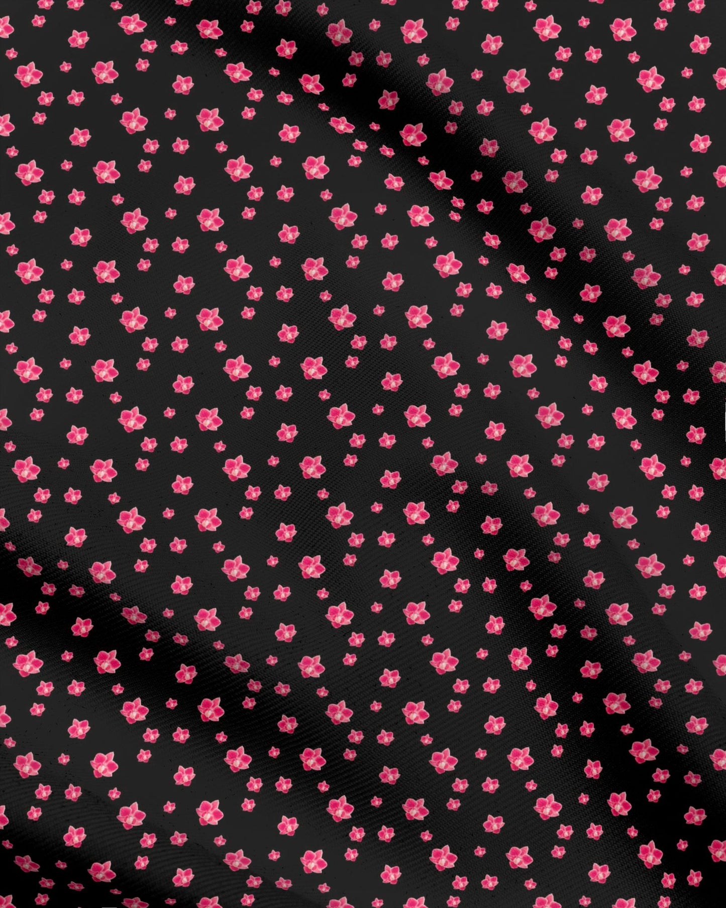 Melammu pinky red orchids on black fabric